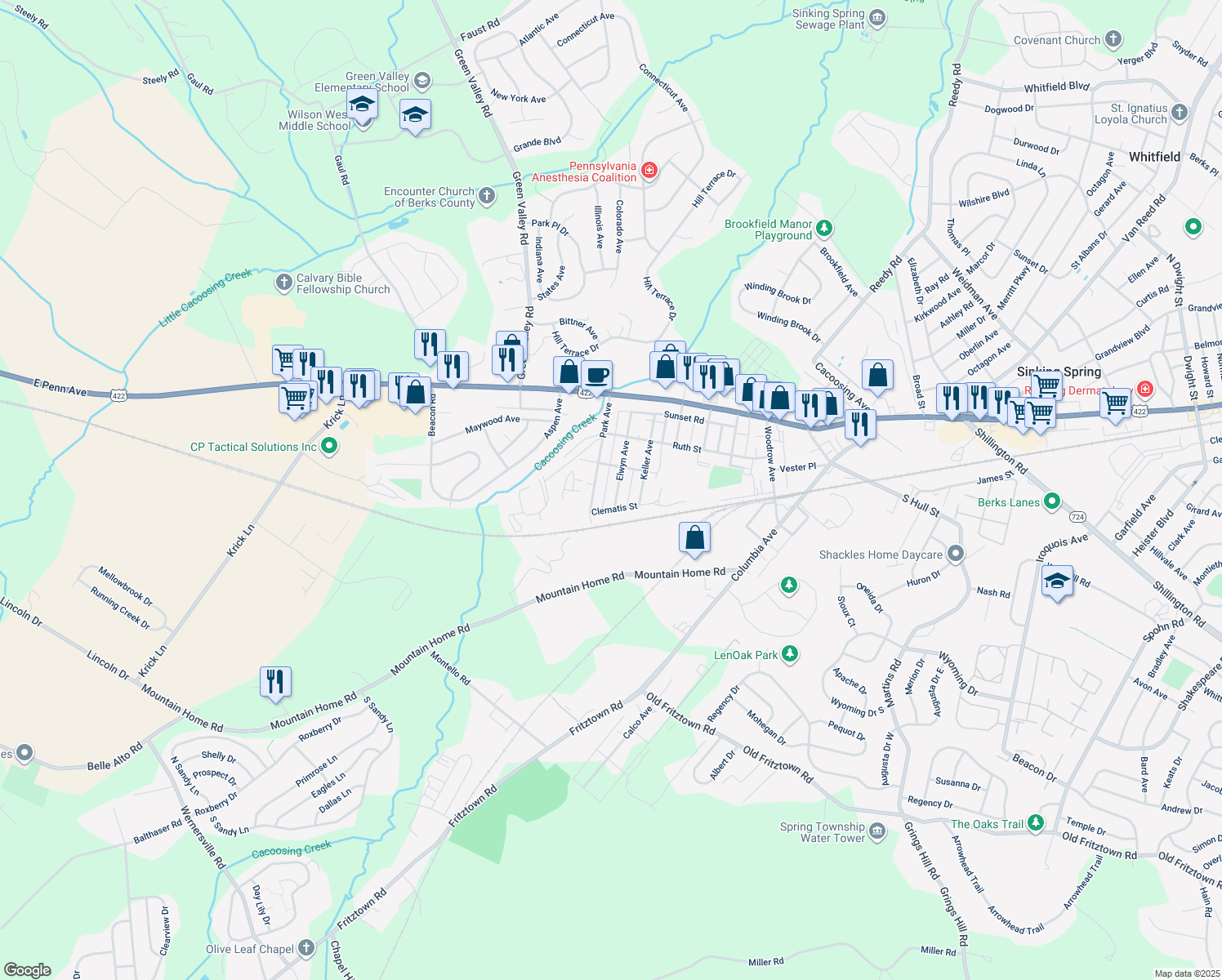 map of restaurants, bars, coffee shops, grocery stores, and more near 222 Elwyn Avenue in Sinking Spring