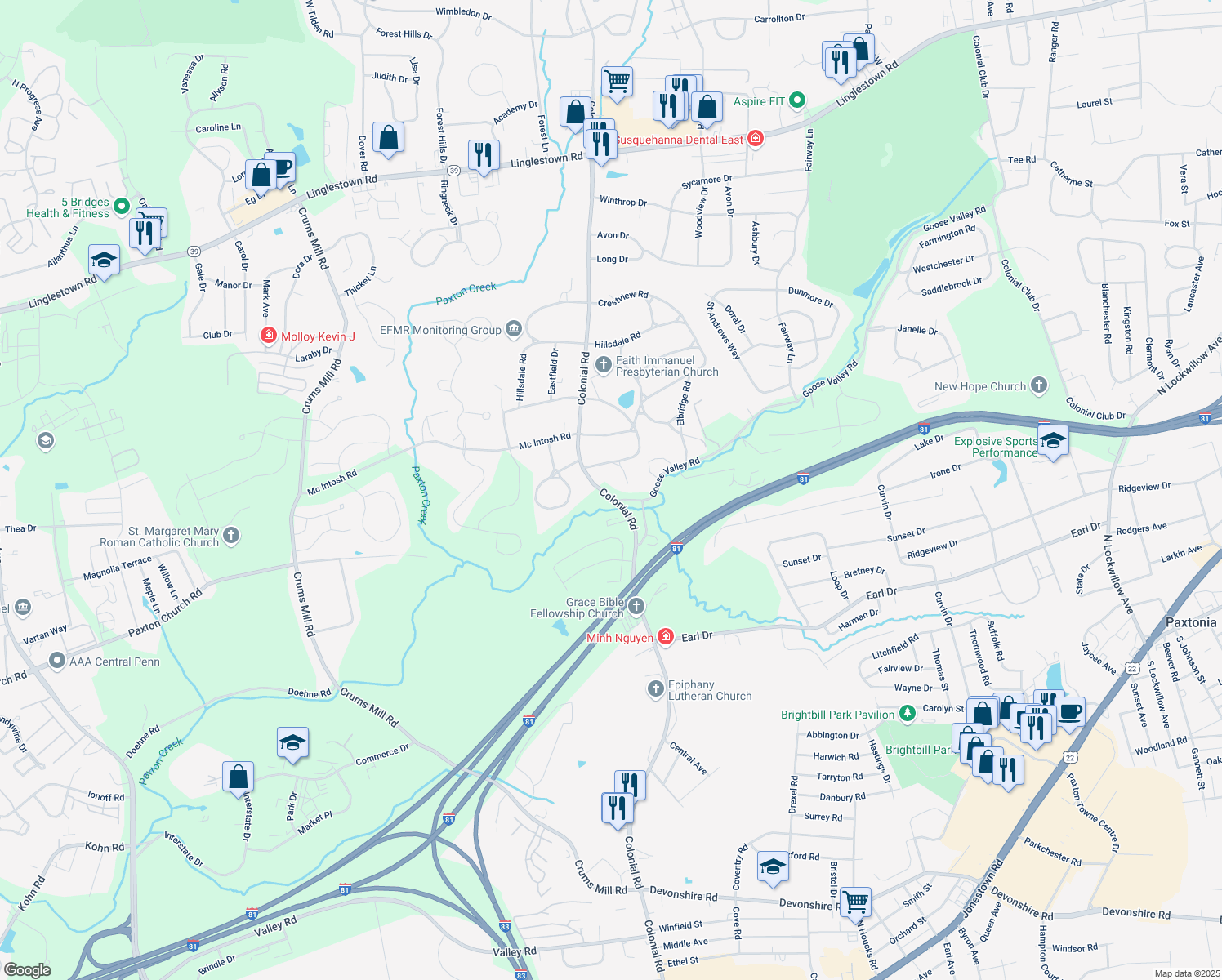 map of restaurants, bars, coffee shops, grocery stores, and more near 1502 Knollcrest Road in Harrisburg