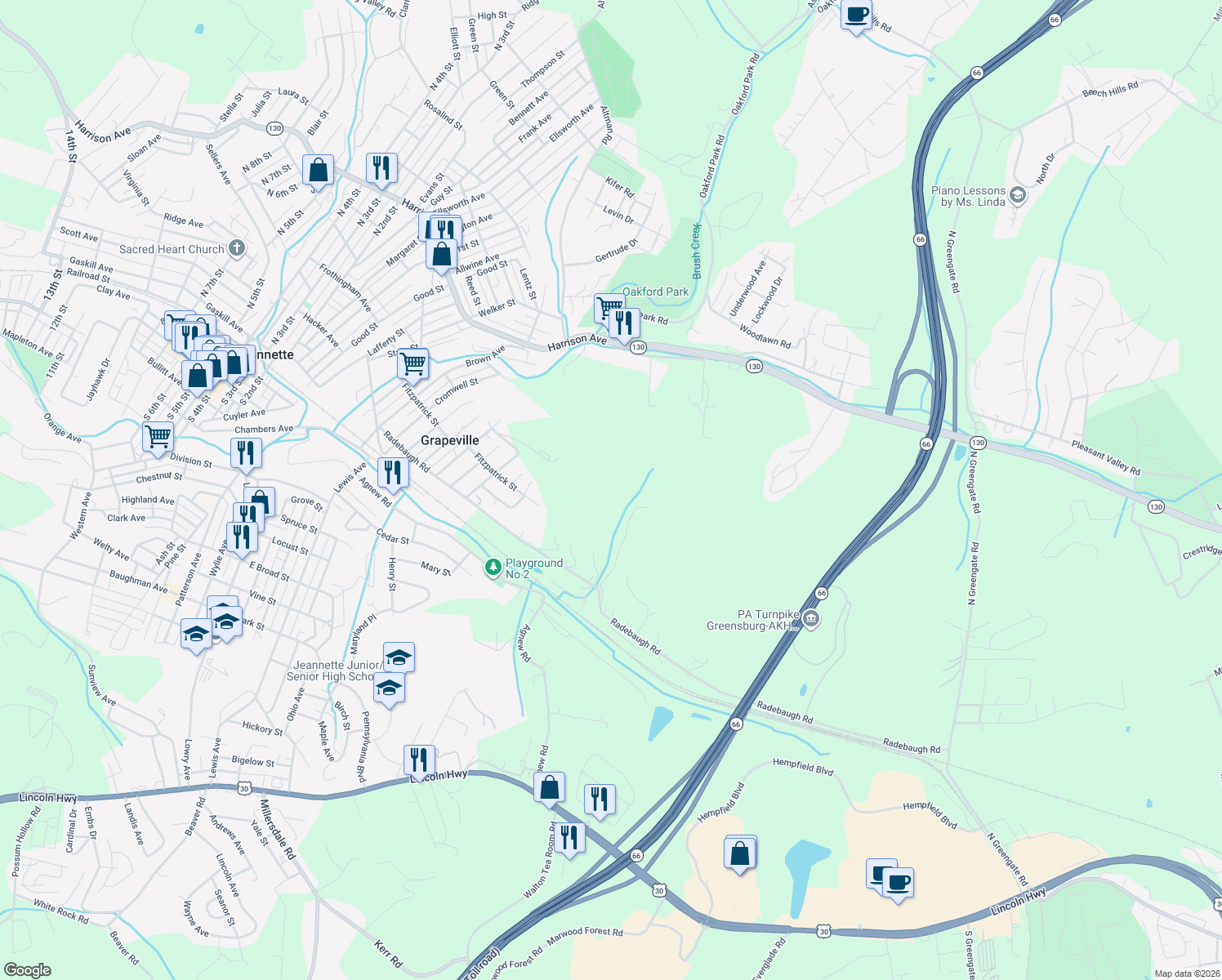 map of restaurants, bars, coffee shops, grocery stores, and more near 2651 Radebaugh Road in Jeannette