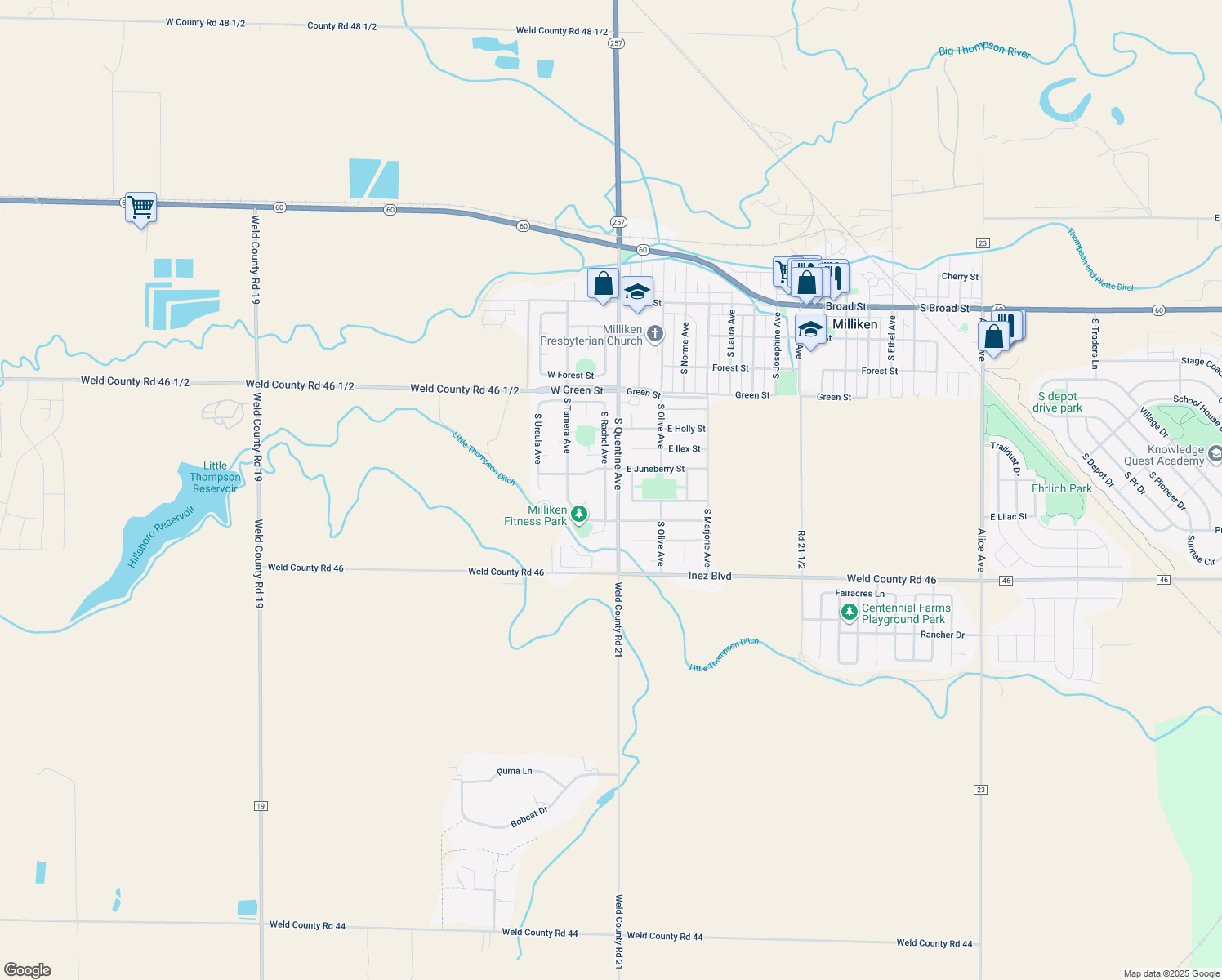 map of restaurants, bars, coffee shops, grocery stores, and more near 870 South Rachel Avenue in Milliken