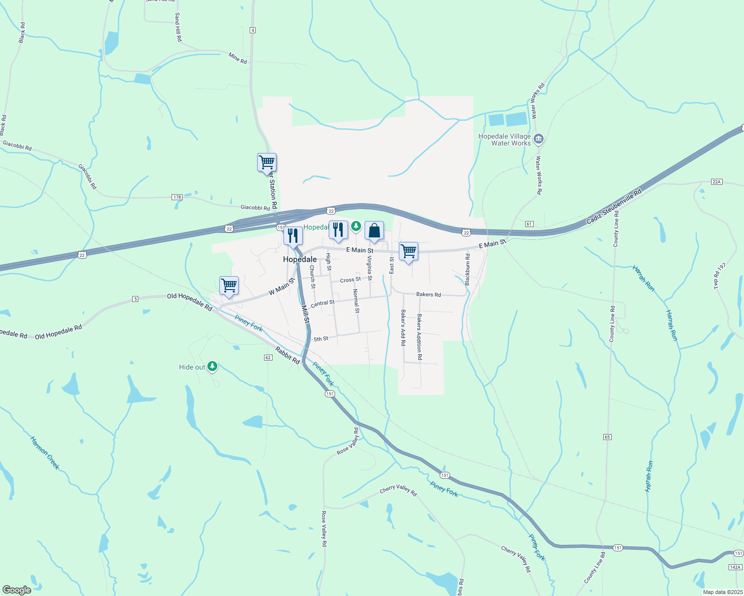map of restaurants, bars, coffee shops, grocery stores, and more near 539 Virginia St in Hopedale