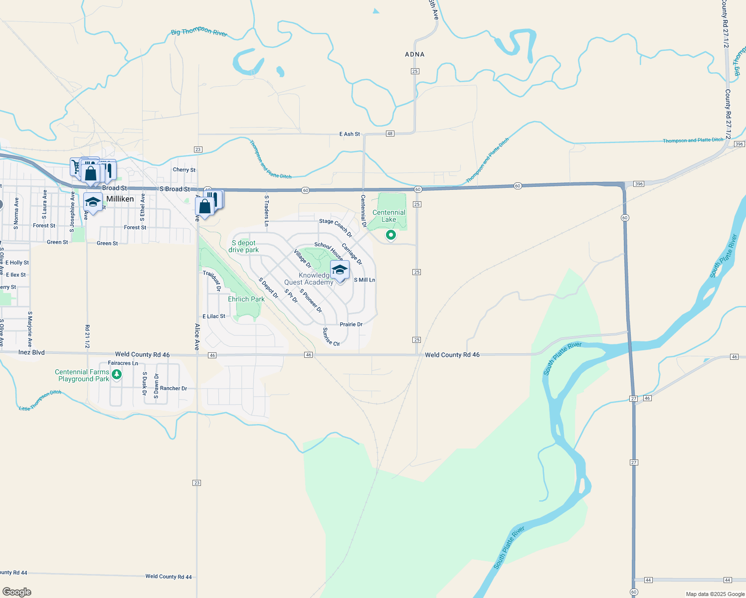 map of restaurants, bars, coffee shops, grocery stores, and more near 781 Stage Coach Drive in Milliken