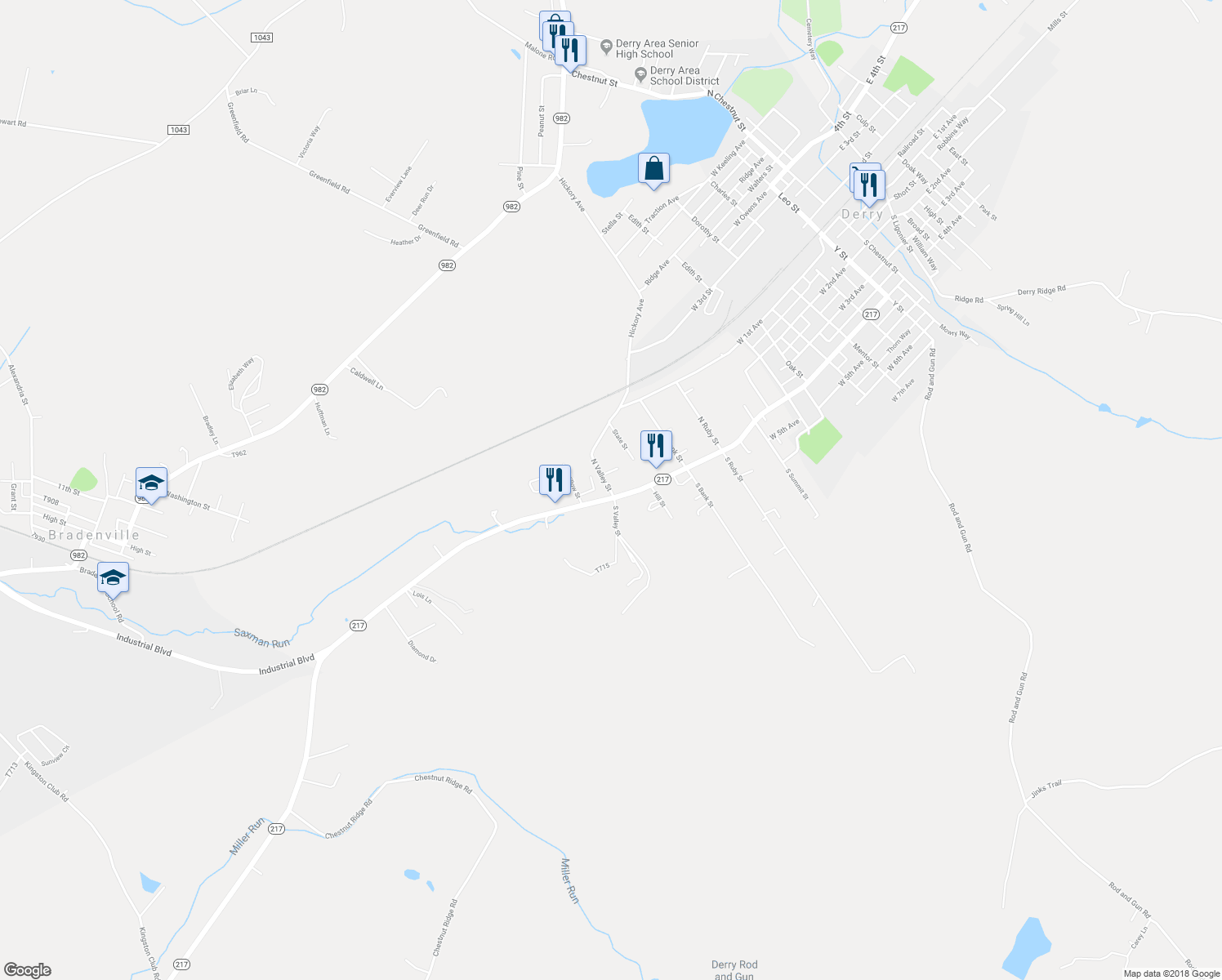 map of restaurants, bars, coffee shops, grocery stores, and more near 145 North Valley Street in Derry