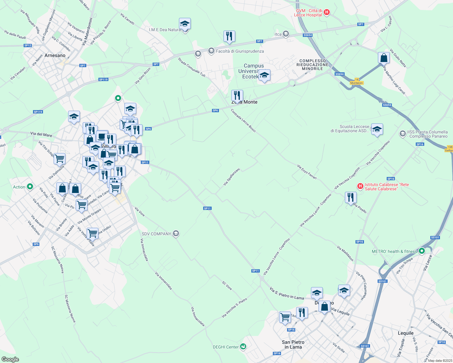 map of restaurants, bars, coffee shops, grocery stores, and more near 17 Via Spallanzani in Provincia di Lecce
