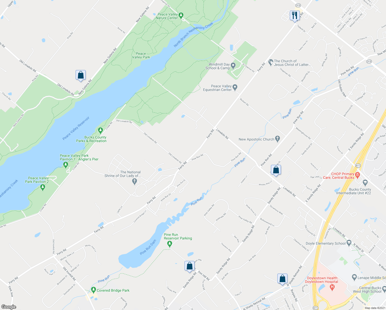 map of restaurants, bars, coffee shops, grocery stores, and more near 998 Ferry Road in Doylestown