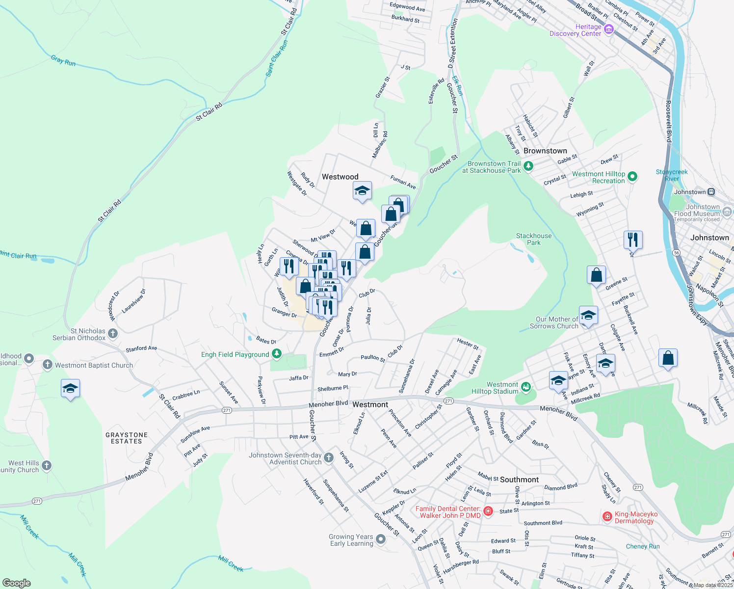 map of restaurants, bars, coffee shops, grocery stores, and more near 998 Julia Dr in Johnstown