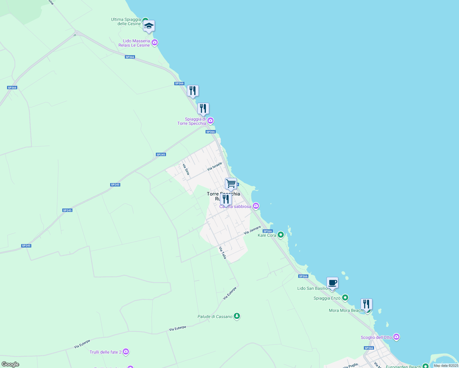 map of restaurants, bars, coffee shops, grocery stores, and more near 2 Via Plutone in Torre Specchia Ruggeri