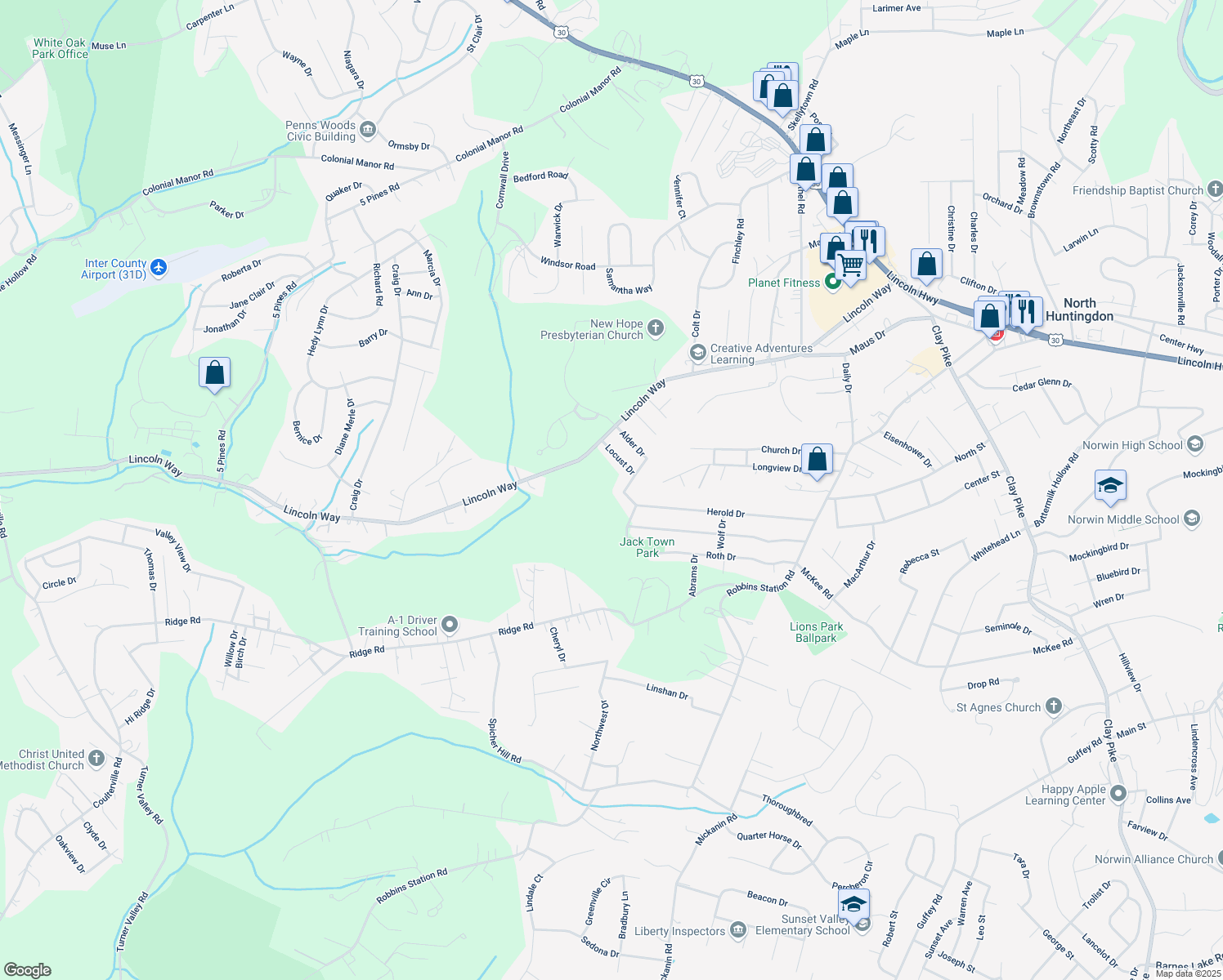 map of restaurants, bars, coffee shops, grocery stores, and more near 1006 Wainwright Dr in Irwin