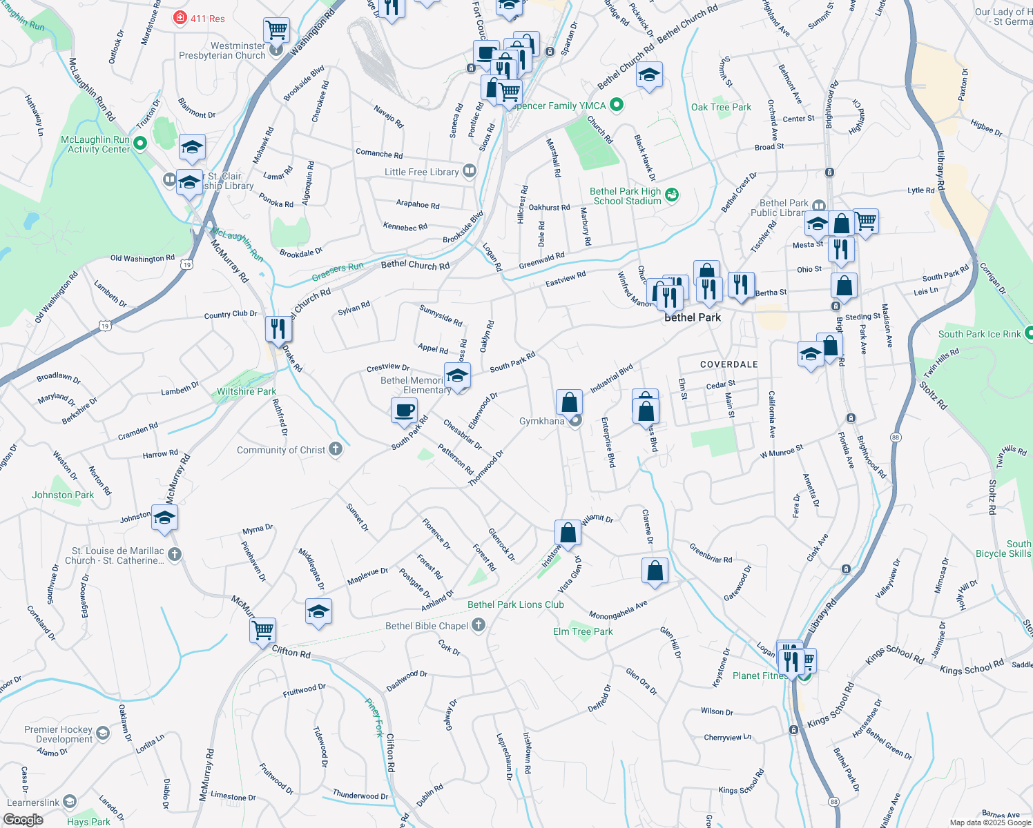 map of restaurants, bars, coffee shops, grocery stores, and more near 435 Linwood Drive in Bethel Park