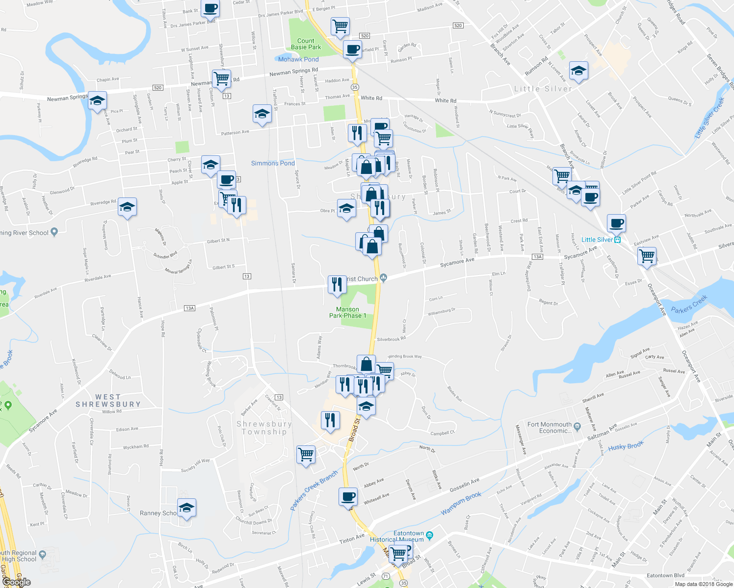 map of restaurants, bars, coffee shops, grocery stores, and more near 419 Sycamore Ave in Shrewsbury Township