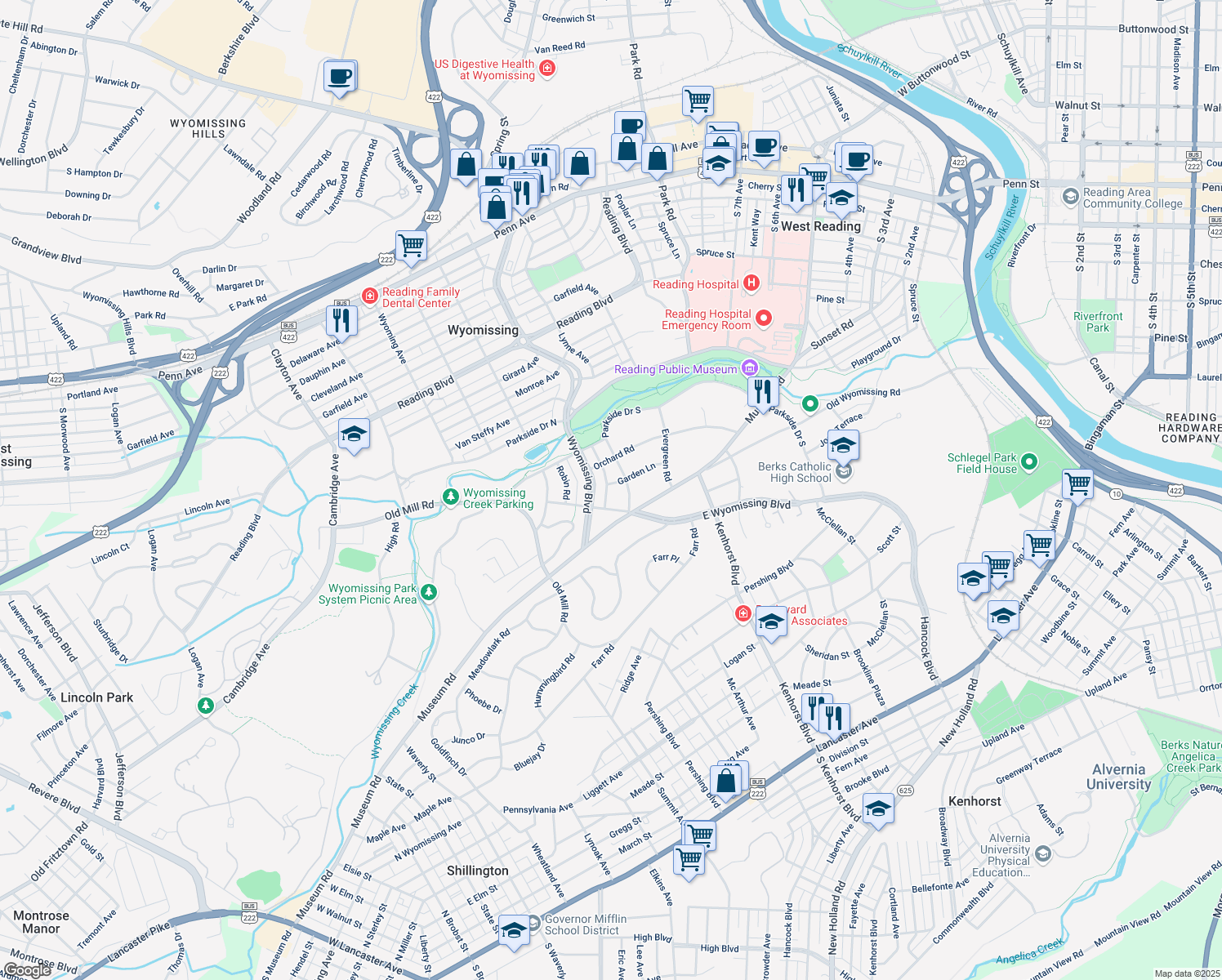 map of restaurants, bars, coffee shops, grocery stores, and more near 1414 Garden Ln in Wyomissing