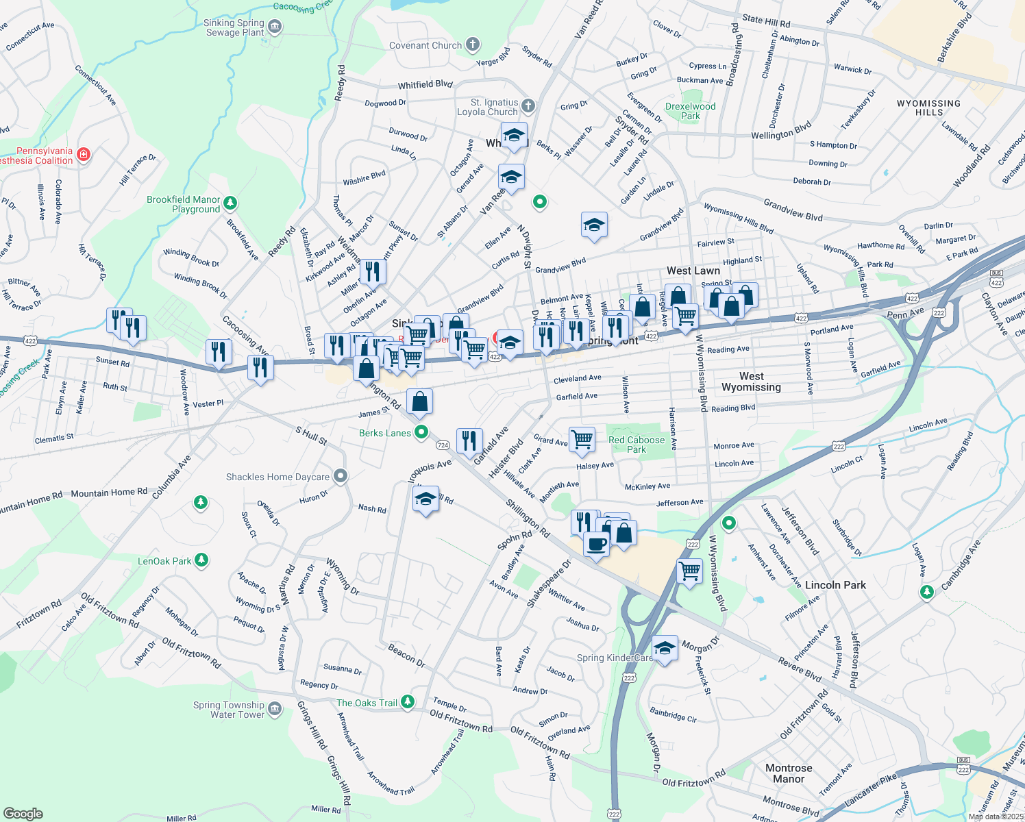 map of restaurants, bars, coffee shops, grocery stores, and more near 2803 Garfield Avenue in West Lawn