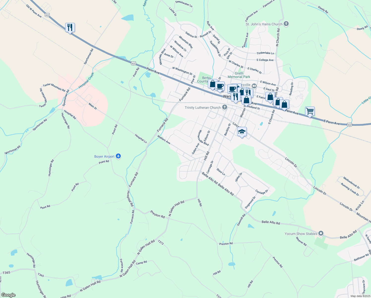 map of restaurants, bars, coffee shops, grocery stores, and more near 161 Walters Avenue in Wernersville