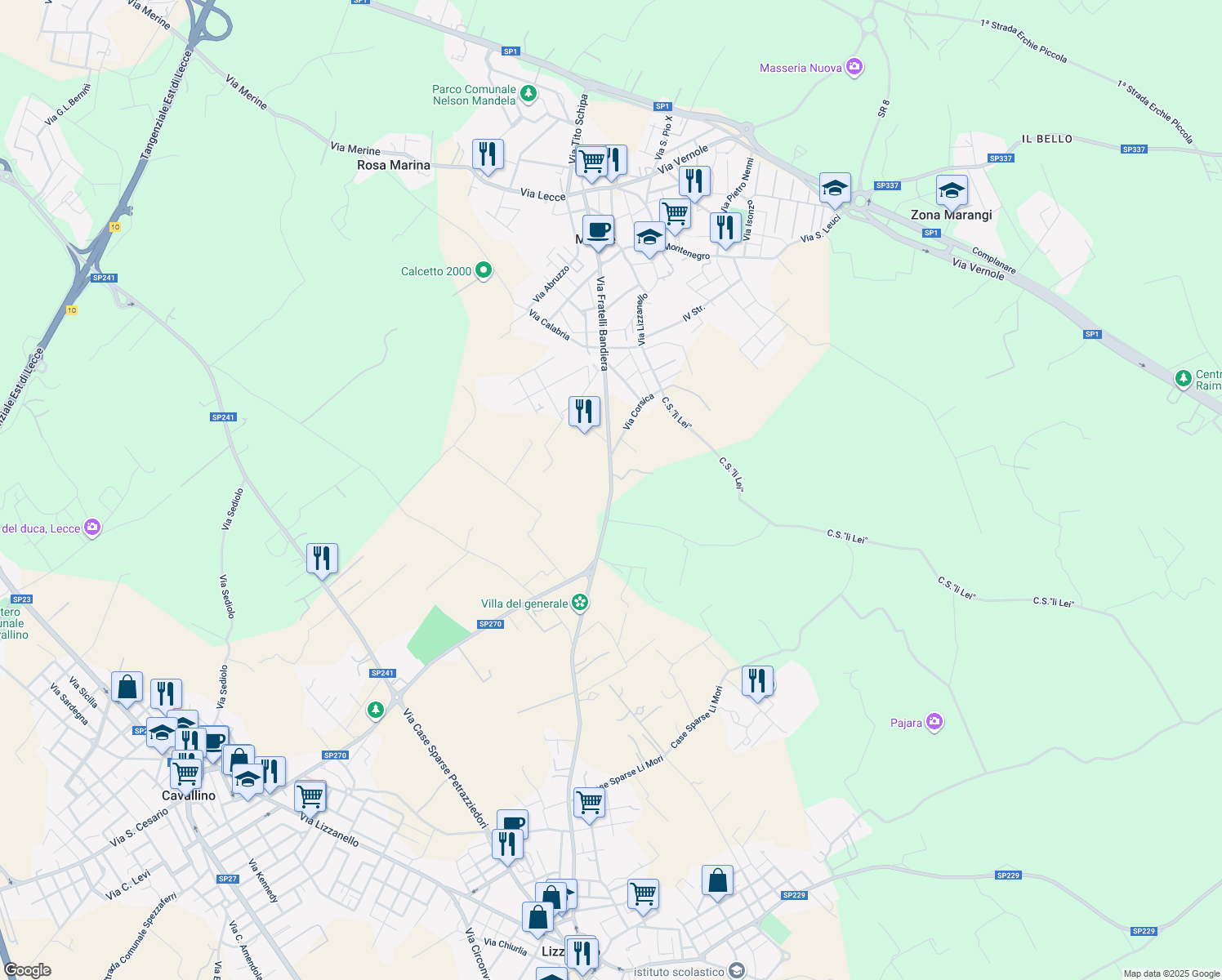 map of restaurants, bars, coffee shops, grocery stores, and more near C.S. Lu Monte in Provincia di Lecce