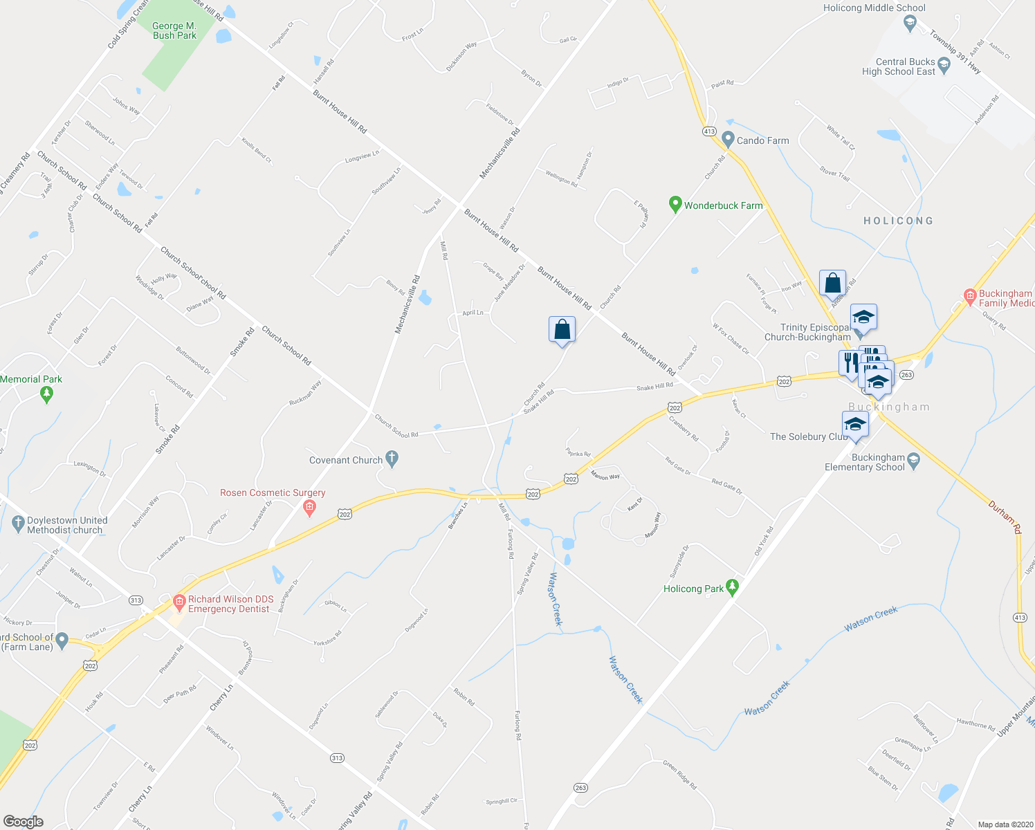 map of restaurants, bars, coffee shops, grocery stores, and more near 2532 Church Road in Doylestown