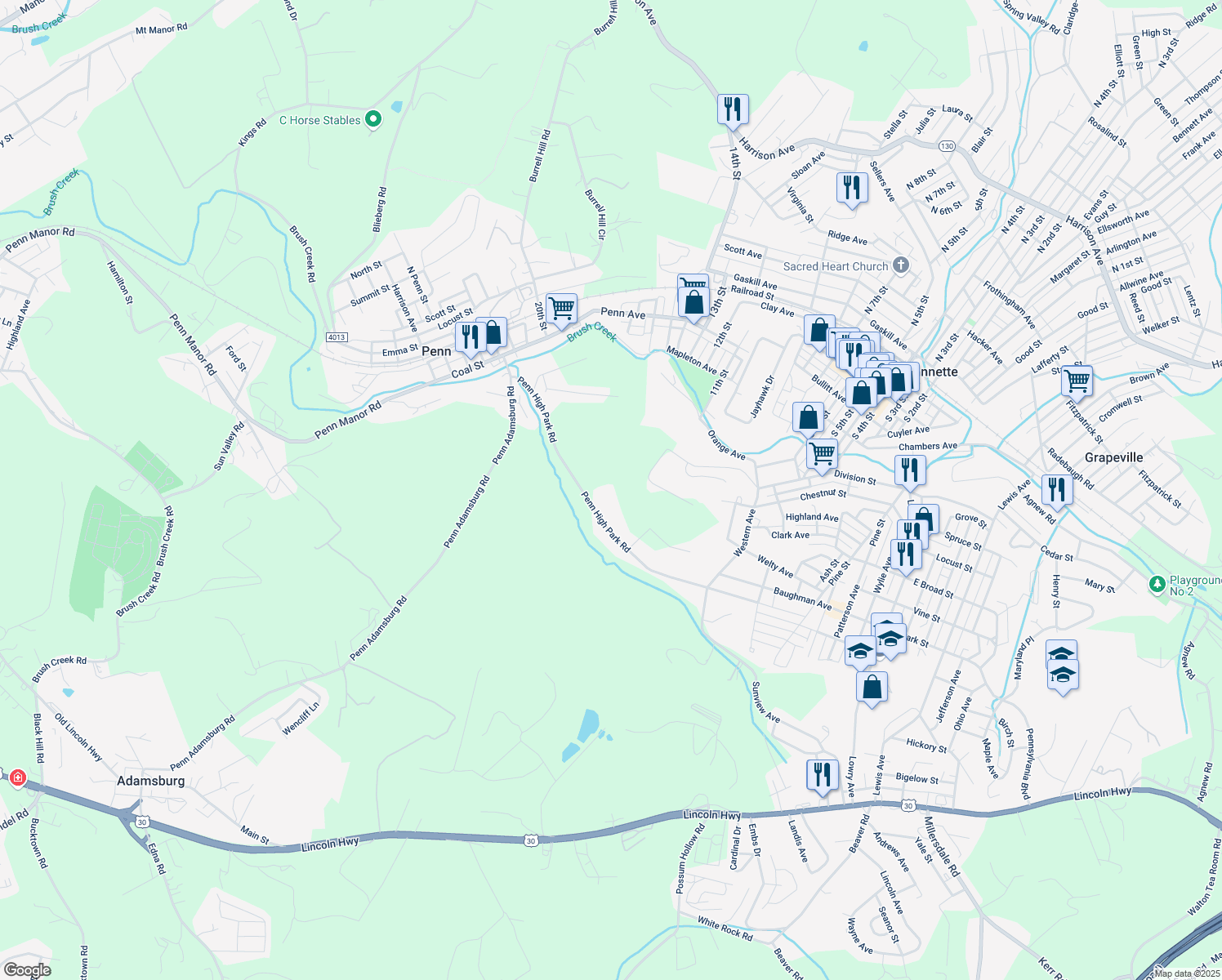 map of restaurants, bars, coffee shops, grocery stores, and more near 650 Penn High Park Road in Jeannette