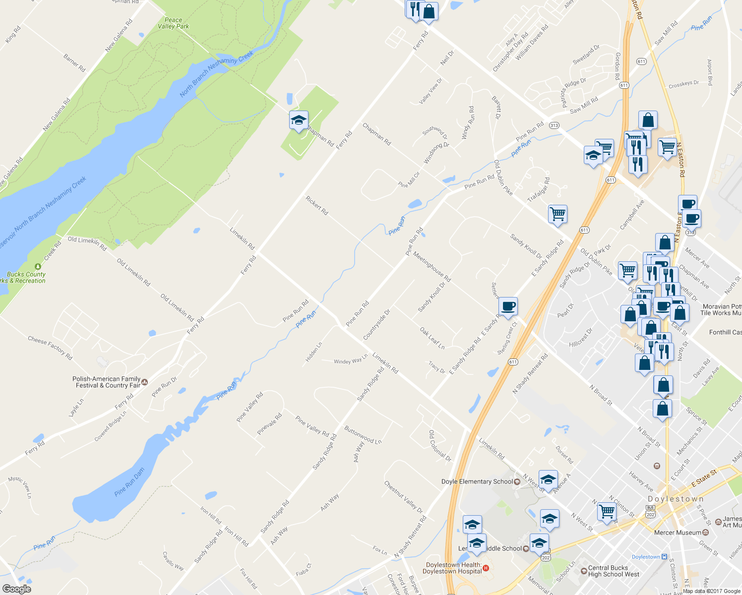 map of restaurants, bars, coffee shops, grocery stores, and more near 355 Pine Run Road in Doylestown