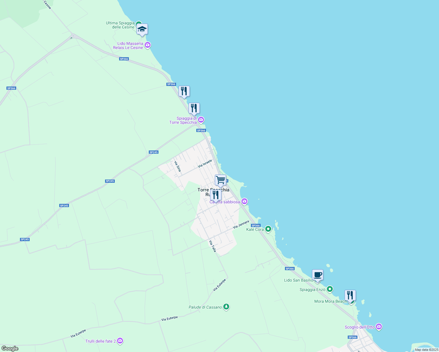 map of restaurants, bars, coffee shops, grocery stores, and more near 2 Via Plutone in Torre Specchia Ruggeri