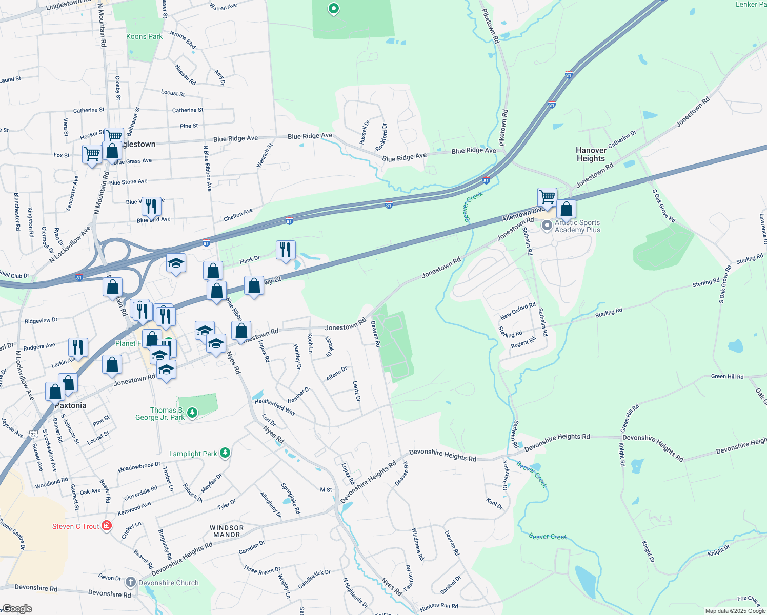map of restaurants, bars, coffee shops, grocery stores, and more near 6715 Jonestown Rd in Harrisburg
