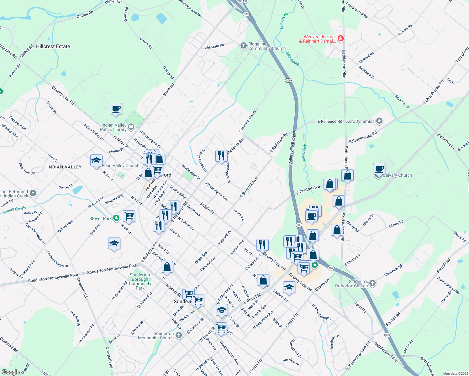 map of restaurants, bars, coffee shops, grocery stores, and more near 354 Conestoga Way in Telford