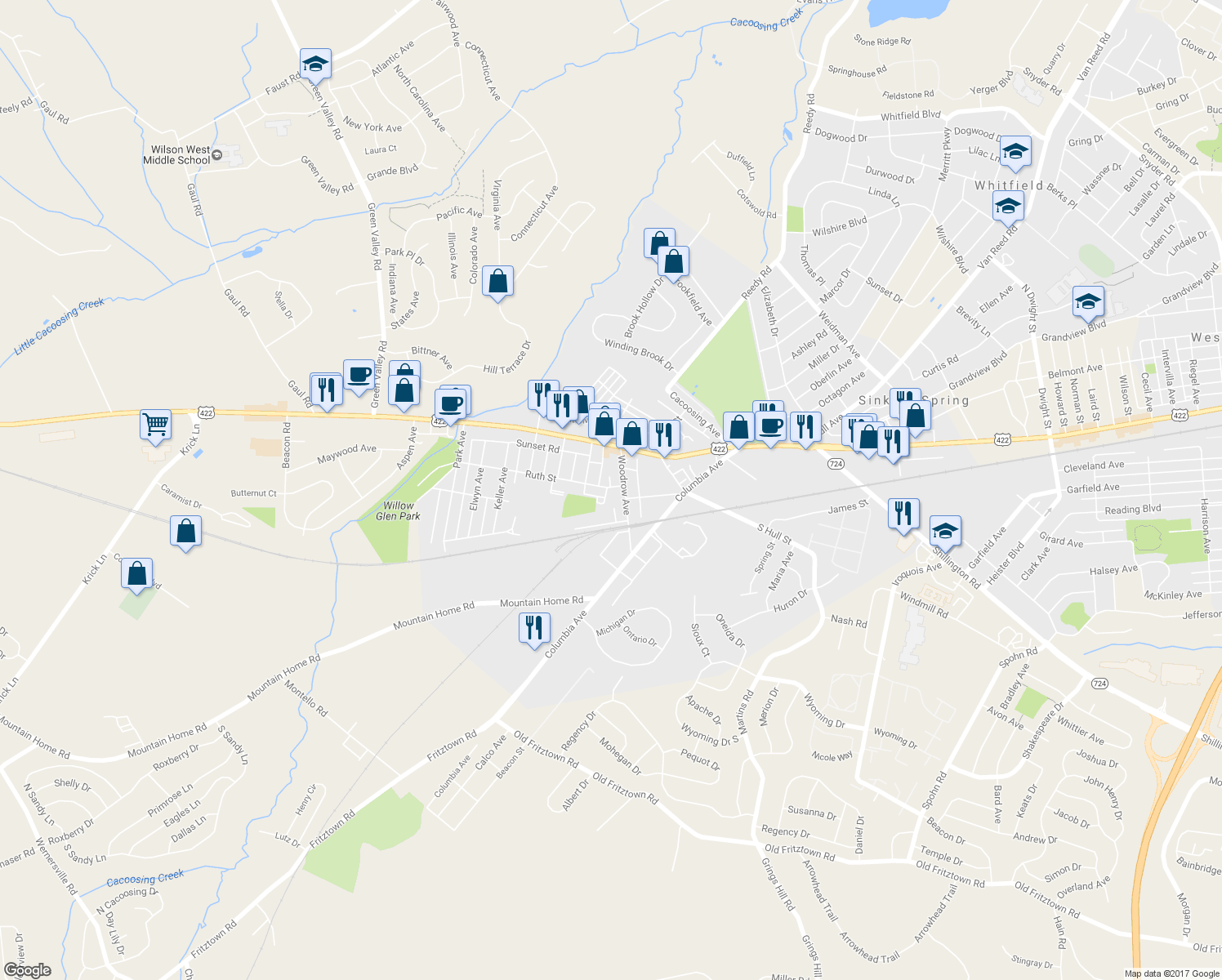map of restaurants, bars, coffee shops, grocery stores, and more near 700 Ruth Street in Sinking Spring