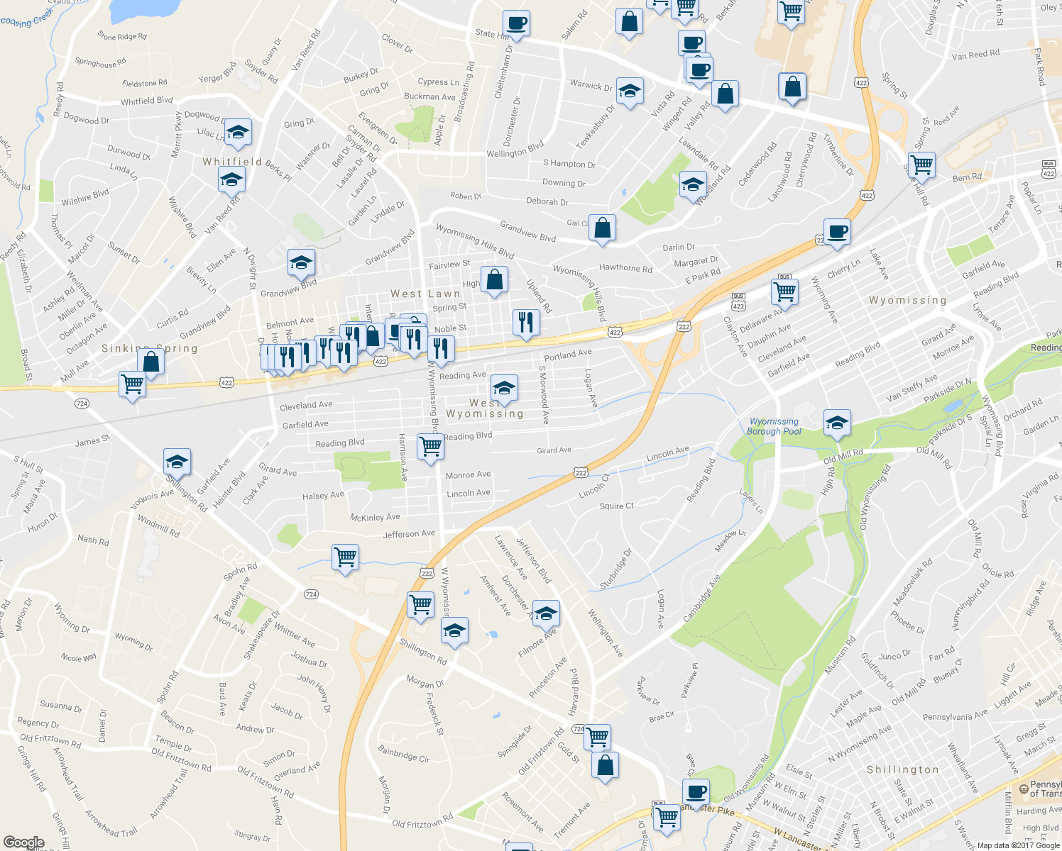 map of restaurants, bars, coffee shops, grocery stores, and more near 2131 Reading Boulevard in West Lawn