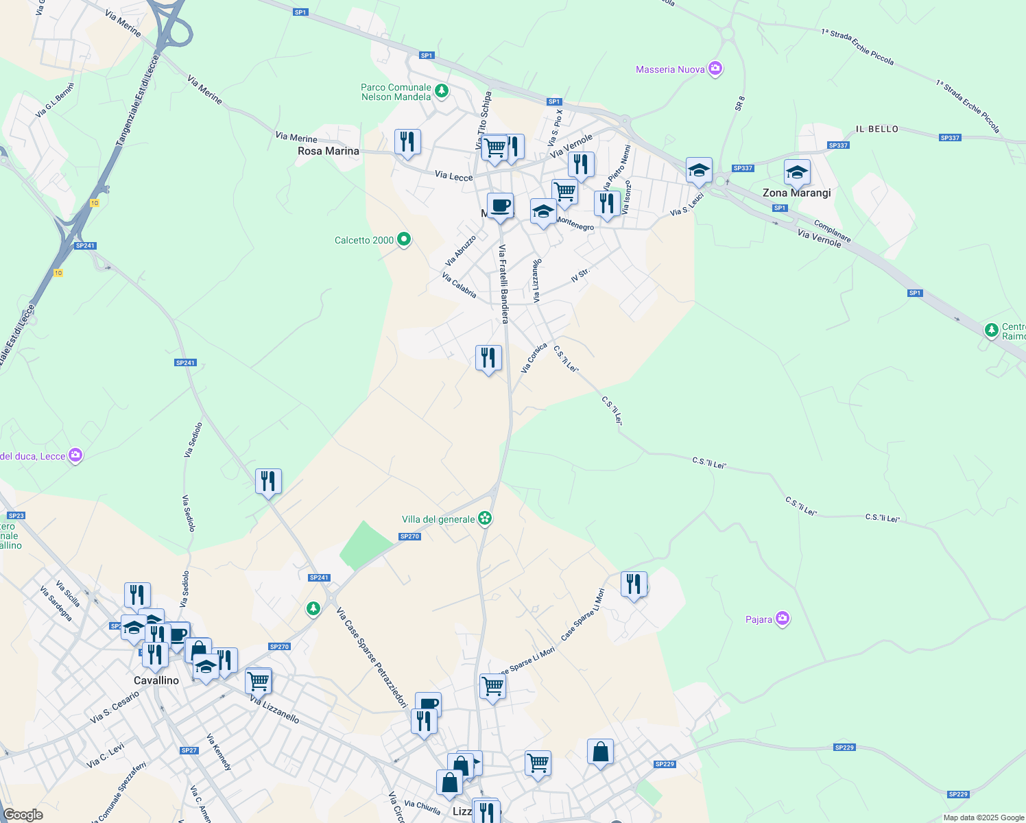 map of restaurants, bars, coffee shops, grocery stores, and more near C.S. Lu Monte in Provincia di Lecce