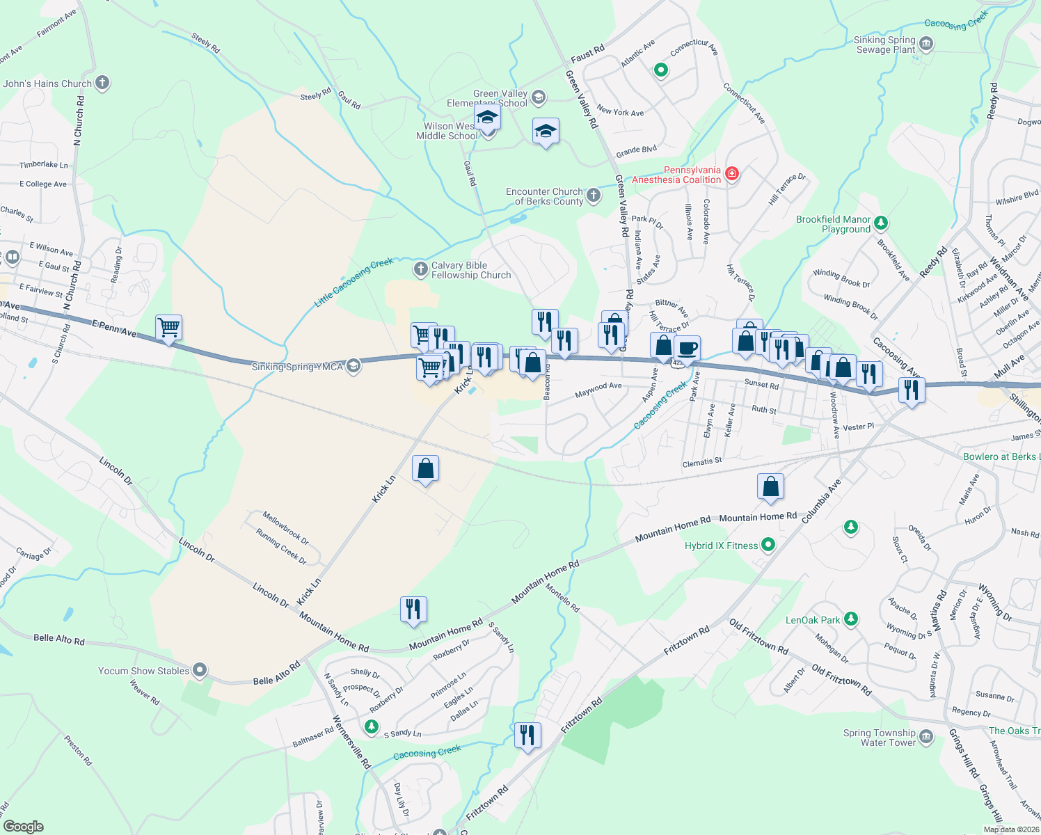 map of restaurants, bars, coffee shops, grocery stores, and more near 89 Butternut Ct in Sinking Spring