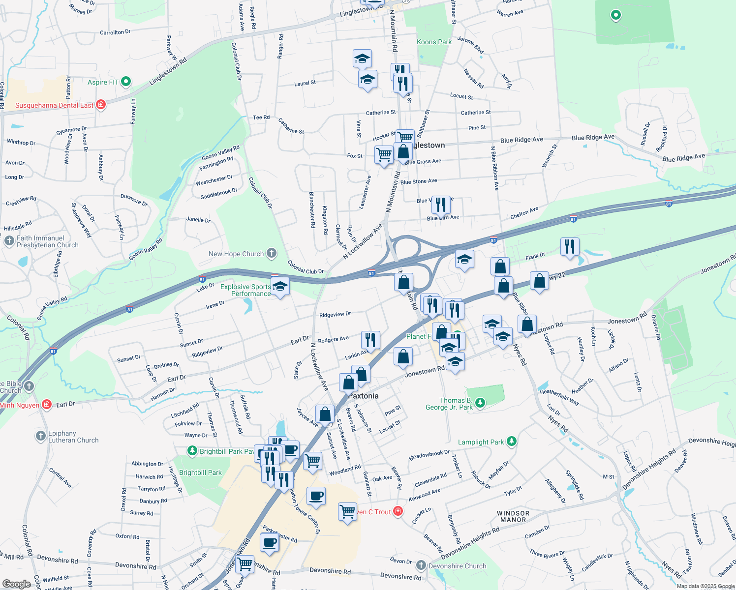 map of restaurants, bars, coffee shops, grocery stores, and more near 5603 Arcadia Street in Harrisburg
