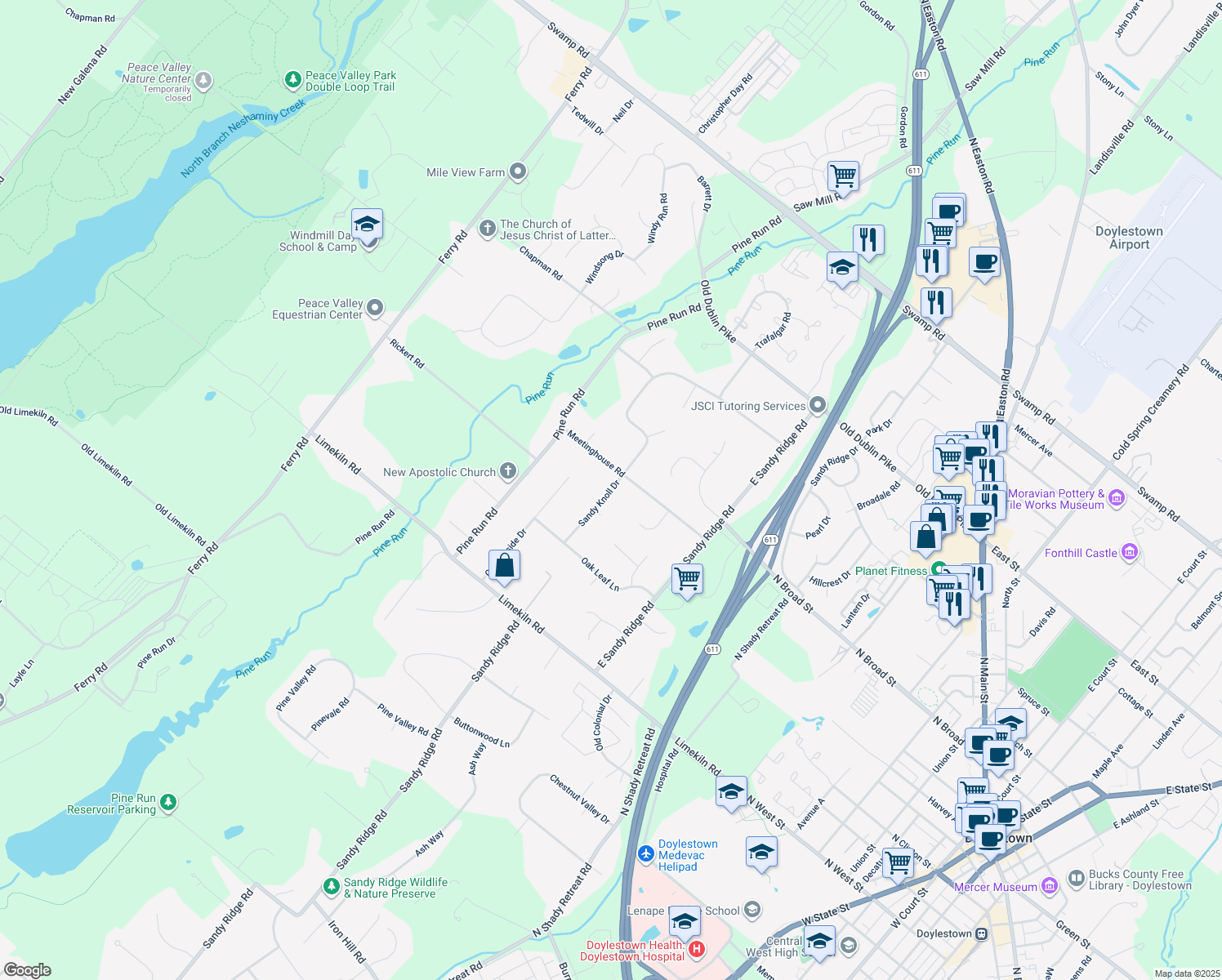 map of restaurants, bars, coffee shops, grocery stores, and more near 321 Sandy Knoll Drive in Doylestown