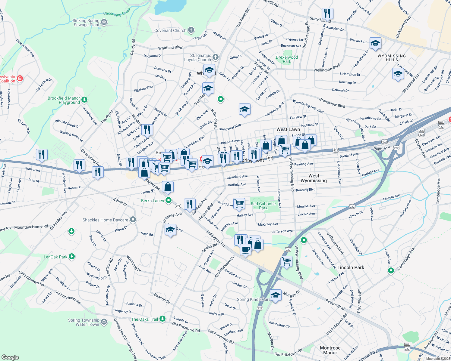 map of restaurants, bars, coffee shops, grocery stores, and more near 2656 Cleveland Avenue in West Lawn