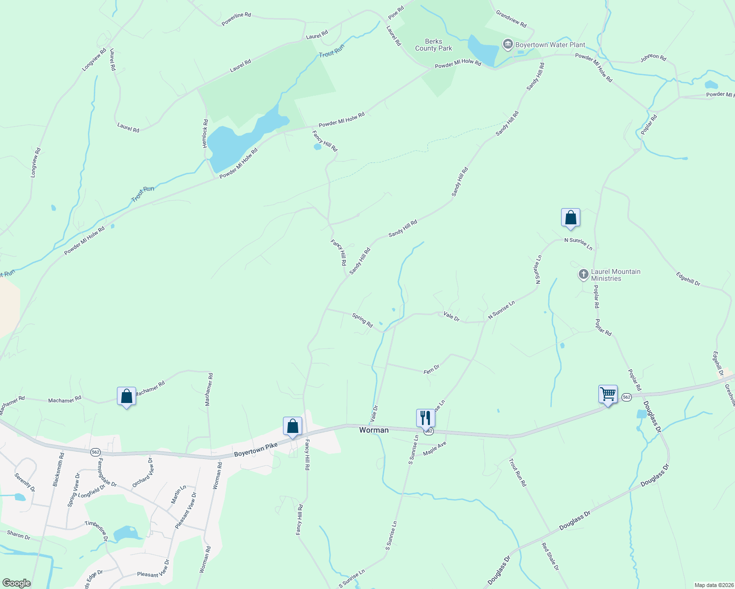 map of restaurants, bars, coffee shops, grocery stores, and more near 41 Spring Road in Boyertown