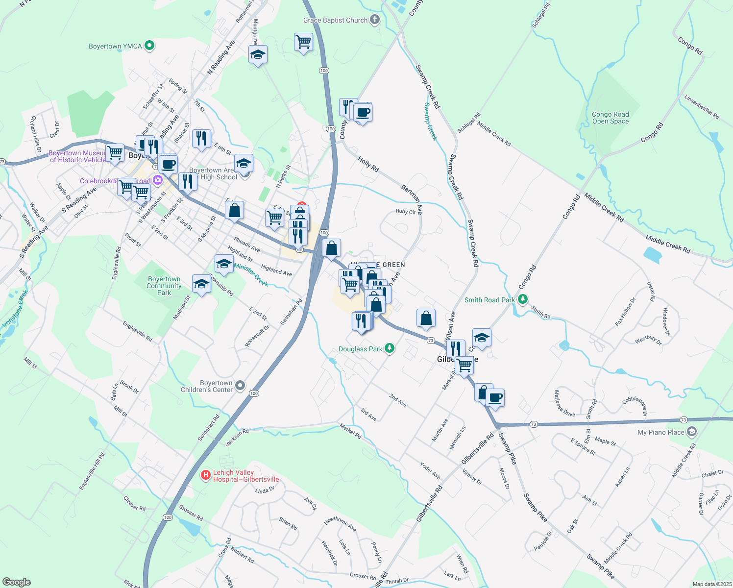 map of restaurants, bars, coffee shops, grocery stores, and more near 1070 East Philadelphia Avenue in Gilbertsville