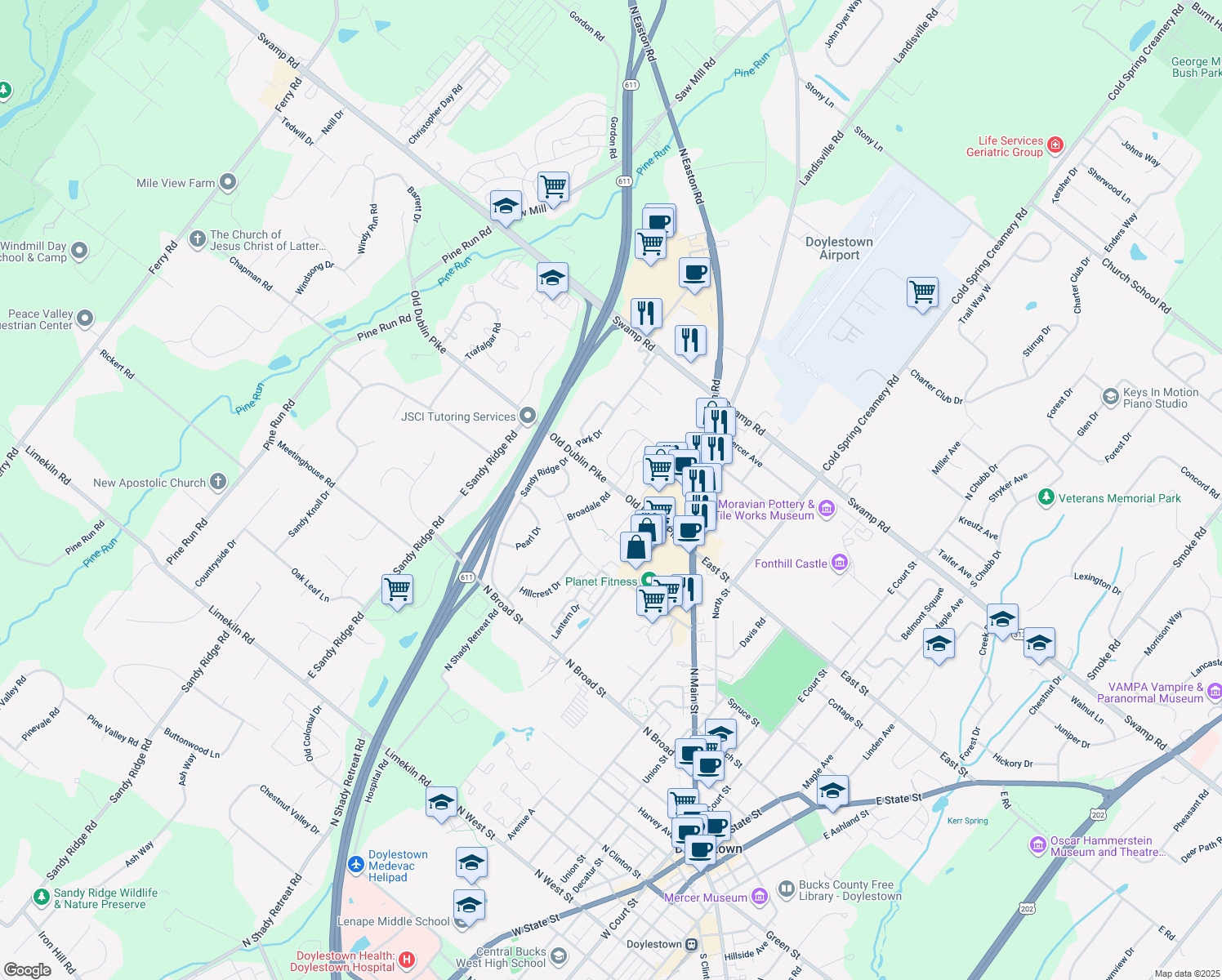 map of restaurants, bars, coffee shops, grocery stores, and more near 2 Broadale Road in Doylestown