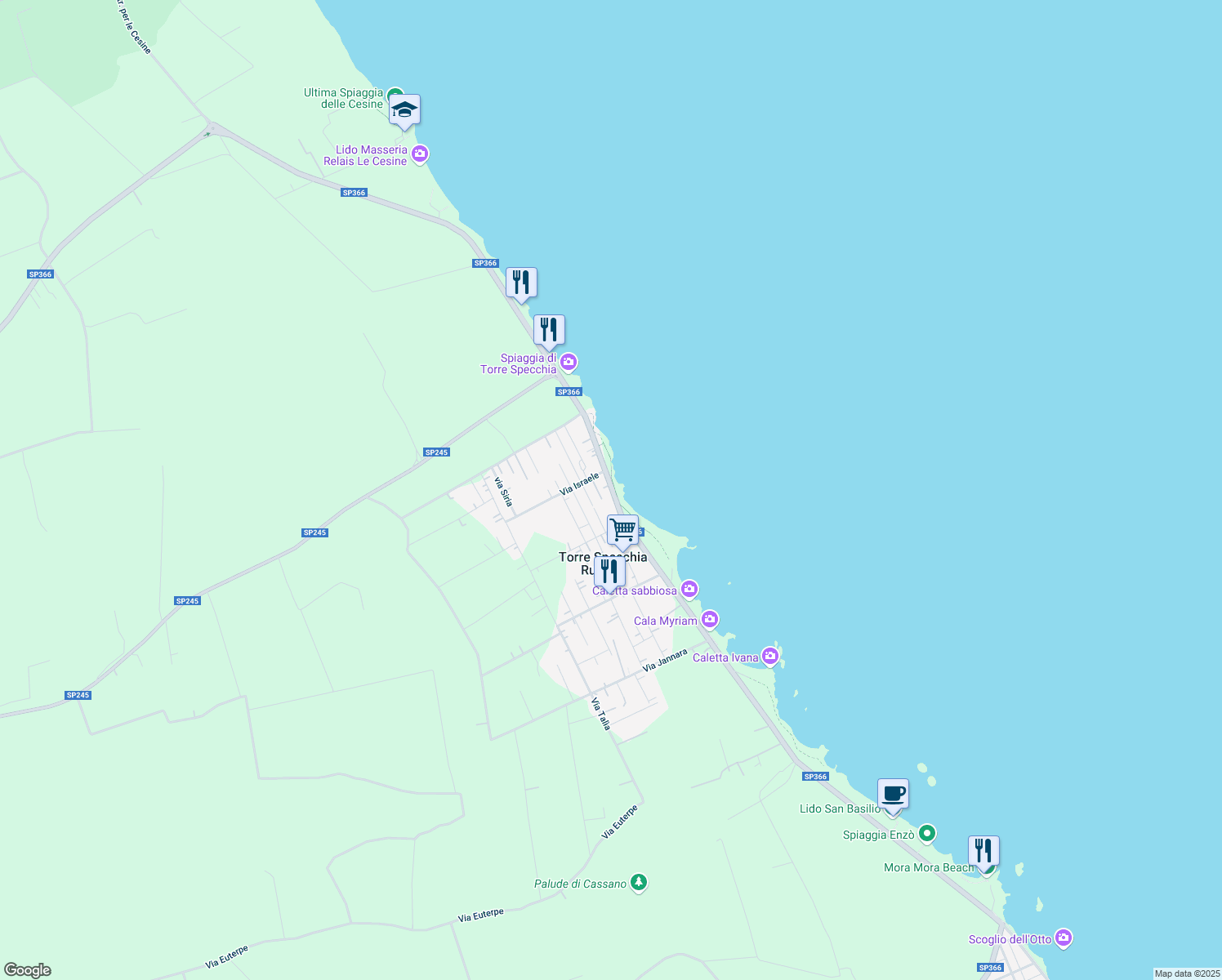 map of restaurants, bars, coffee shops, grocery stores, and more near 21 SP366 in Torre Specchia Ruggeri