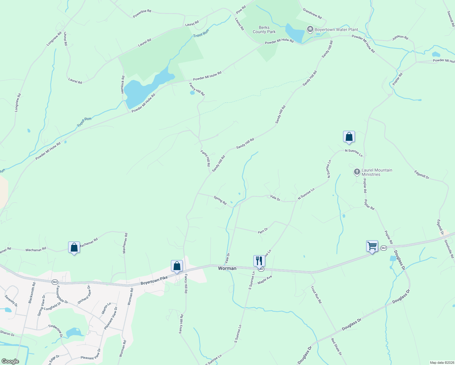 map of restaurants, bars, coffee shops, grocery stores, and more near 41 Spring Road in Boyertown