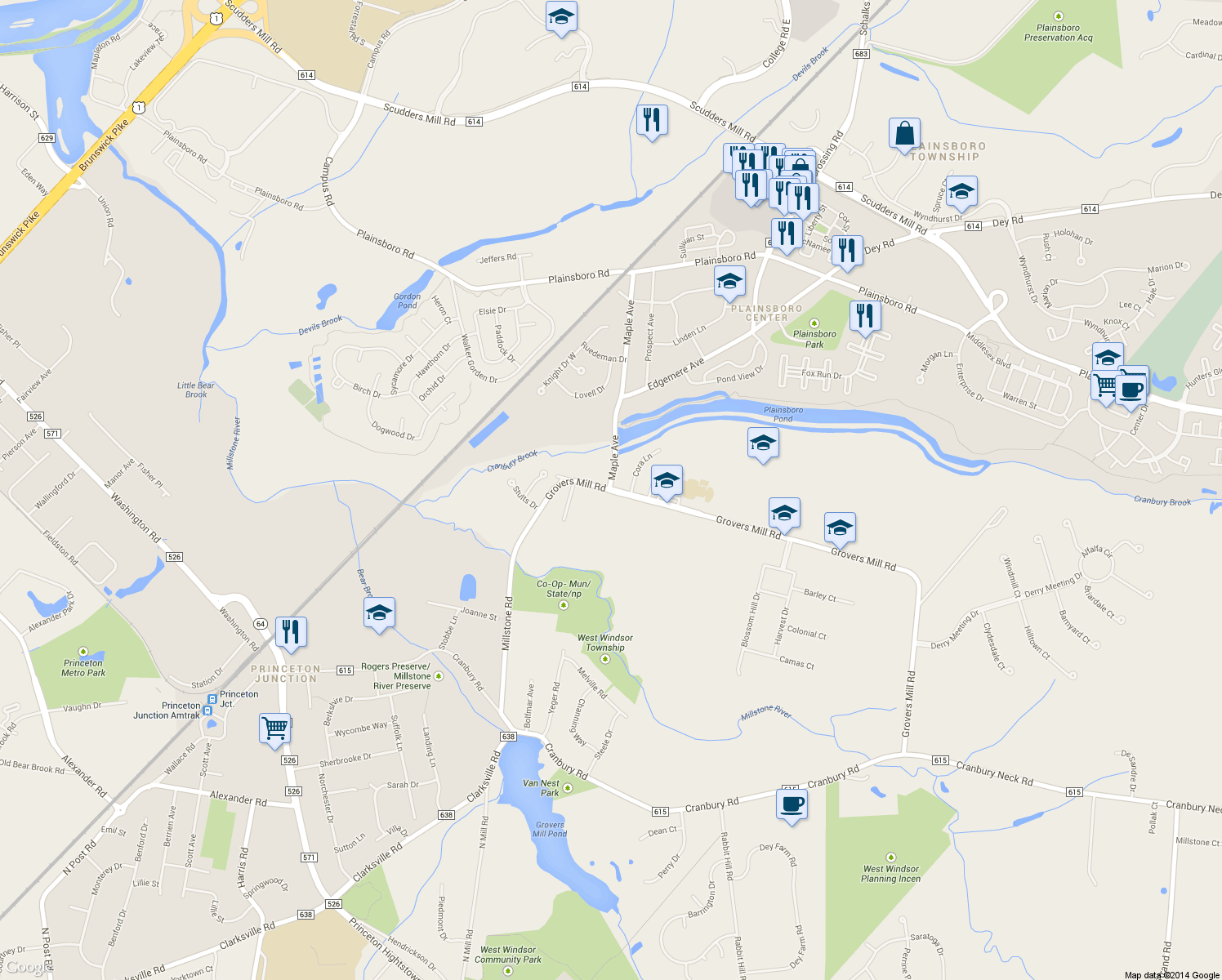 map of restaurants, bars, coffee shops, grocery stores, and more near 107 Grovers Mill Rd in Plainsboro Township