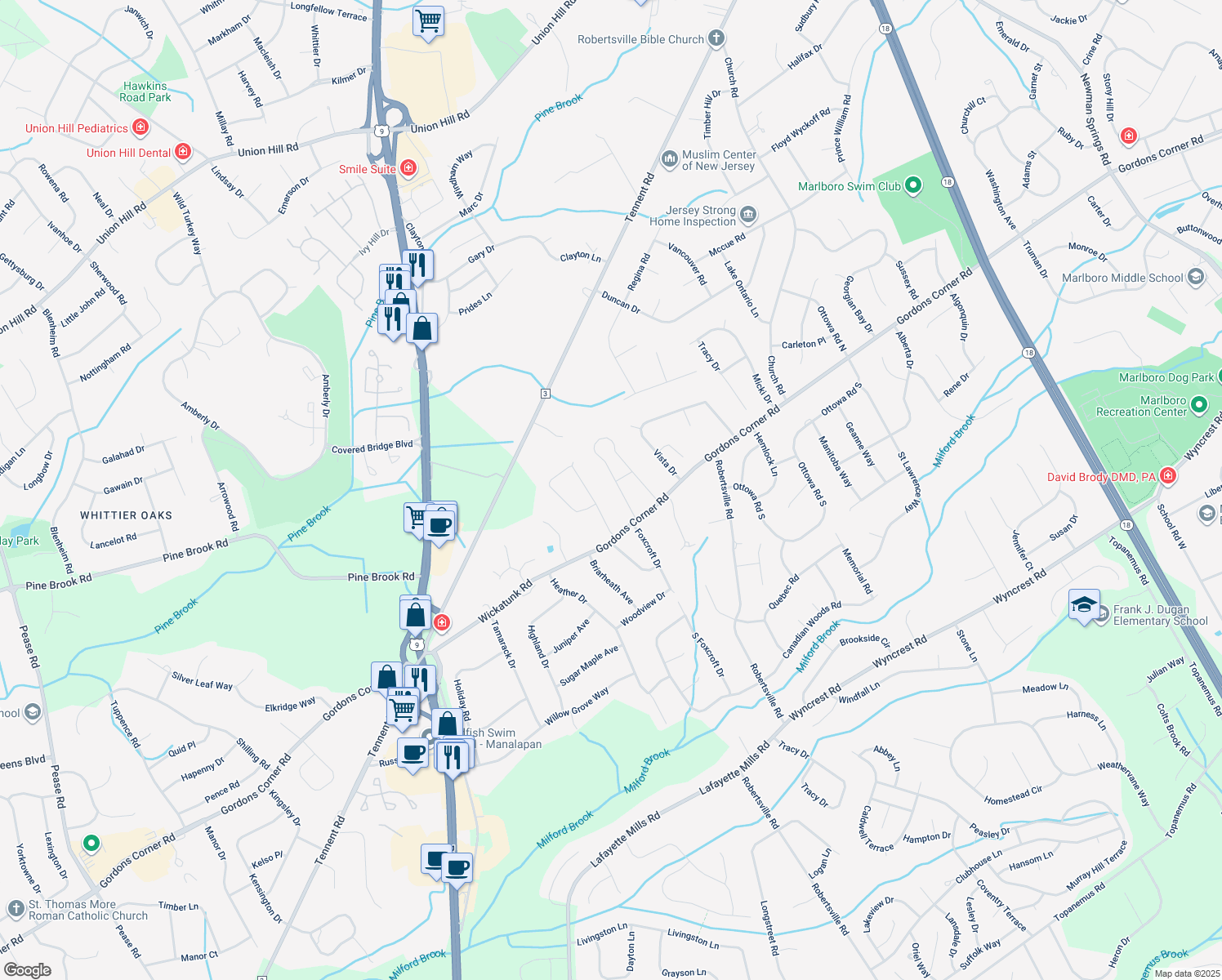 map of restaurants, bars, coffee shops, grocery stores, and more near 42 Calgary Circle in Marlboro Township