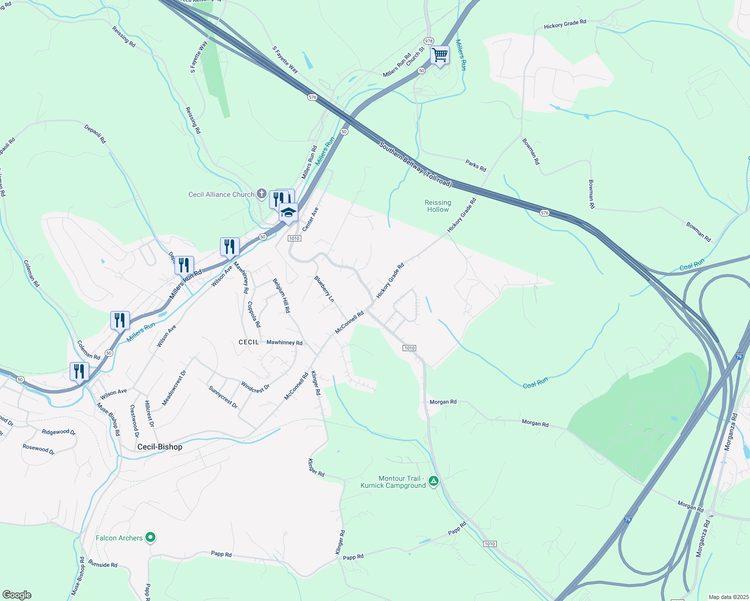 map of restaurants, bars, coffee shops, grocery stores, and more near 3 Hickory Grade Road in Cecil-Bishop