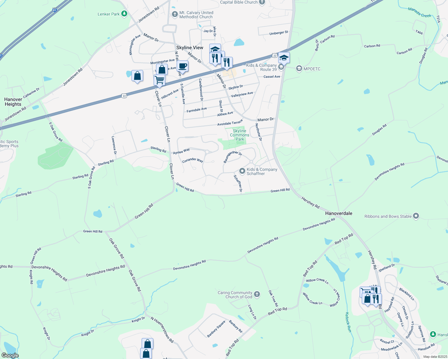 map of restaurants, bars, coffee shops, grocery stores, and more near 7704 Forney Way in Harrisburg