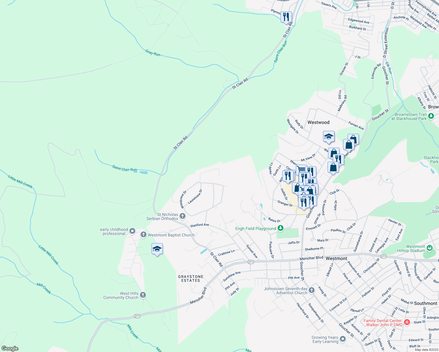 map of restaurants, bars, coffee shops, grocery stores, and more near 1599 Donato Ct in Johnstown