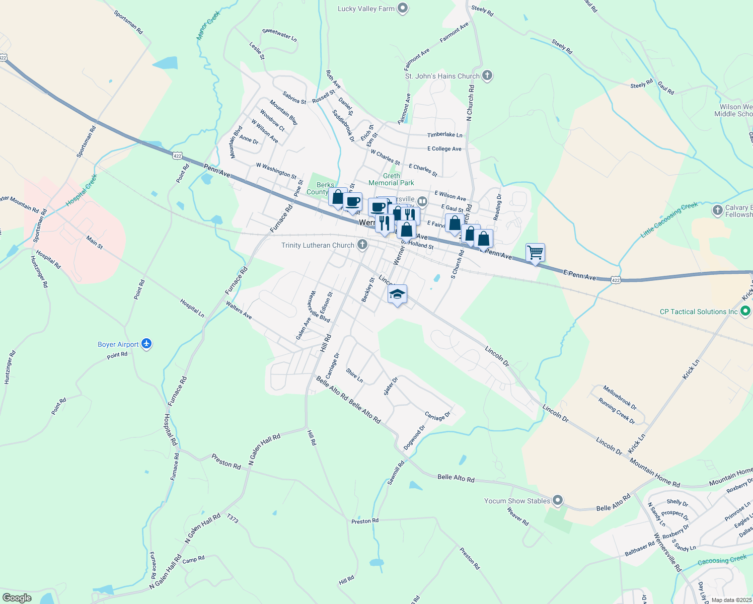 map of restaurants, bars, coffee shops, grocery stores, and more near 38 Hain Avenue in Wernersville