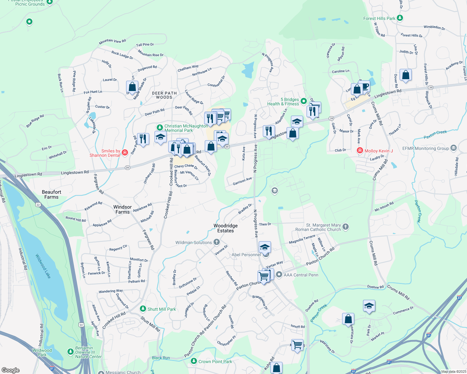 map of restaurants, bars, coffee shops, grocery stores, and more near 2413 Garrison Avenue in Harrisburg