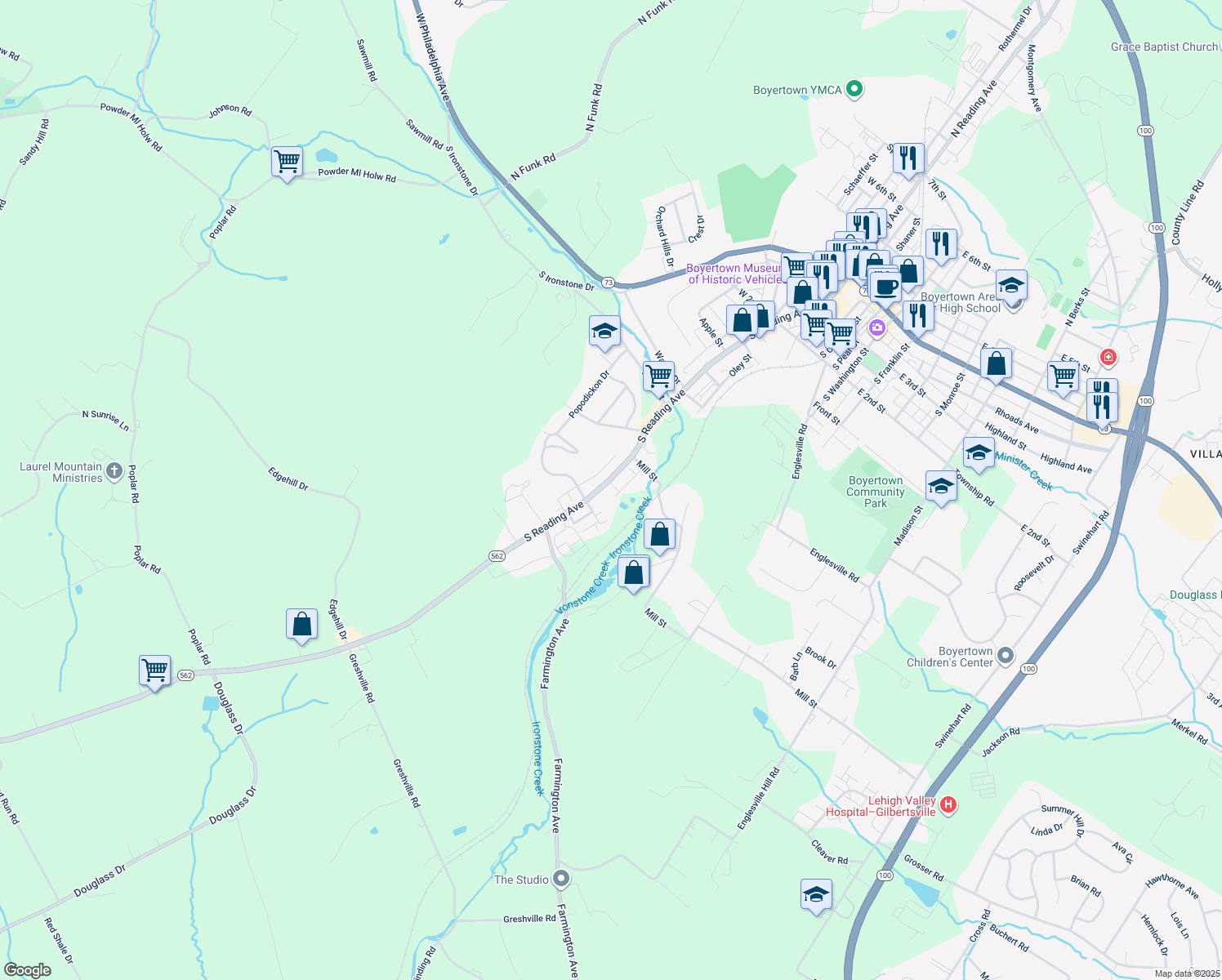 map of restaurants, bars, coffee shops, grocery stores, and more near 644 South Reading Avenue in Boyertown