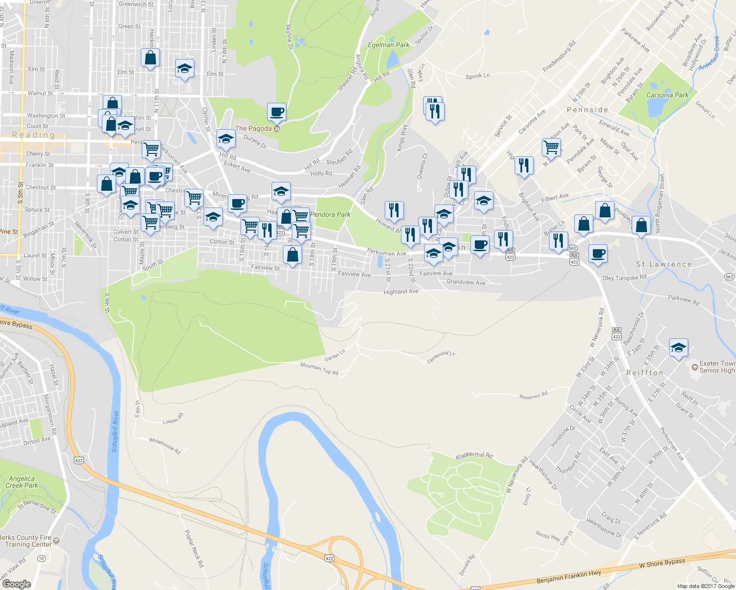 map of restaurants, bars, coffee shops, grocery stores, and more near 2028 Highland Avenue in Reading