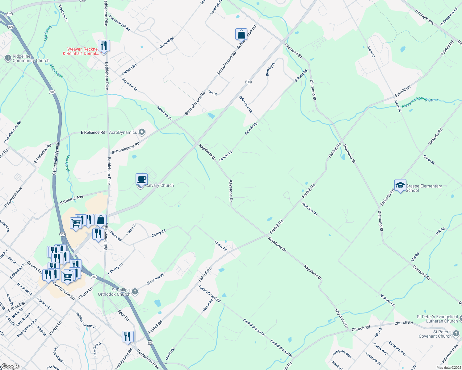 map of restaurants, bars, coffee shops, grocery stores, and more near 1114 Keystone Drive in Sellersville