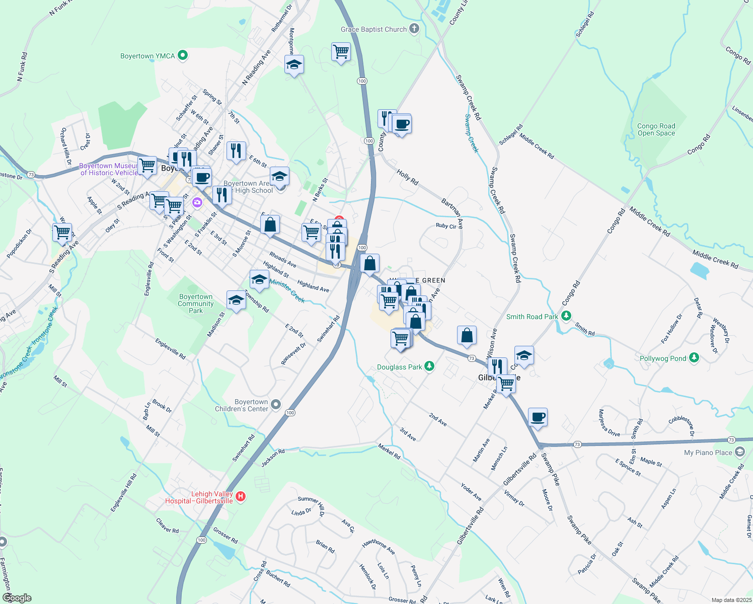 map of restaurants, bars, coffee shops, grocery stores, and more near 1026 Rhoads Avenue in Gilbertsville