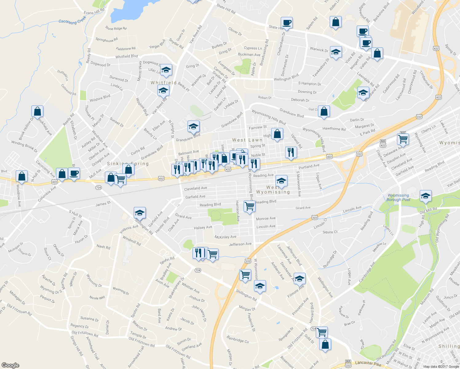 map of restaurants, bars, coffee shops, grocery stores, and more near 2415 Cleveland Avenue in West Lawn