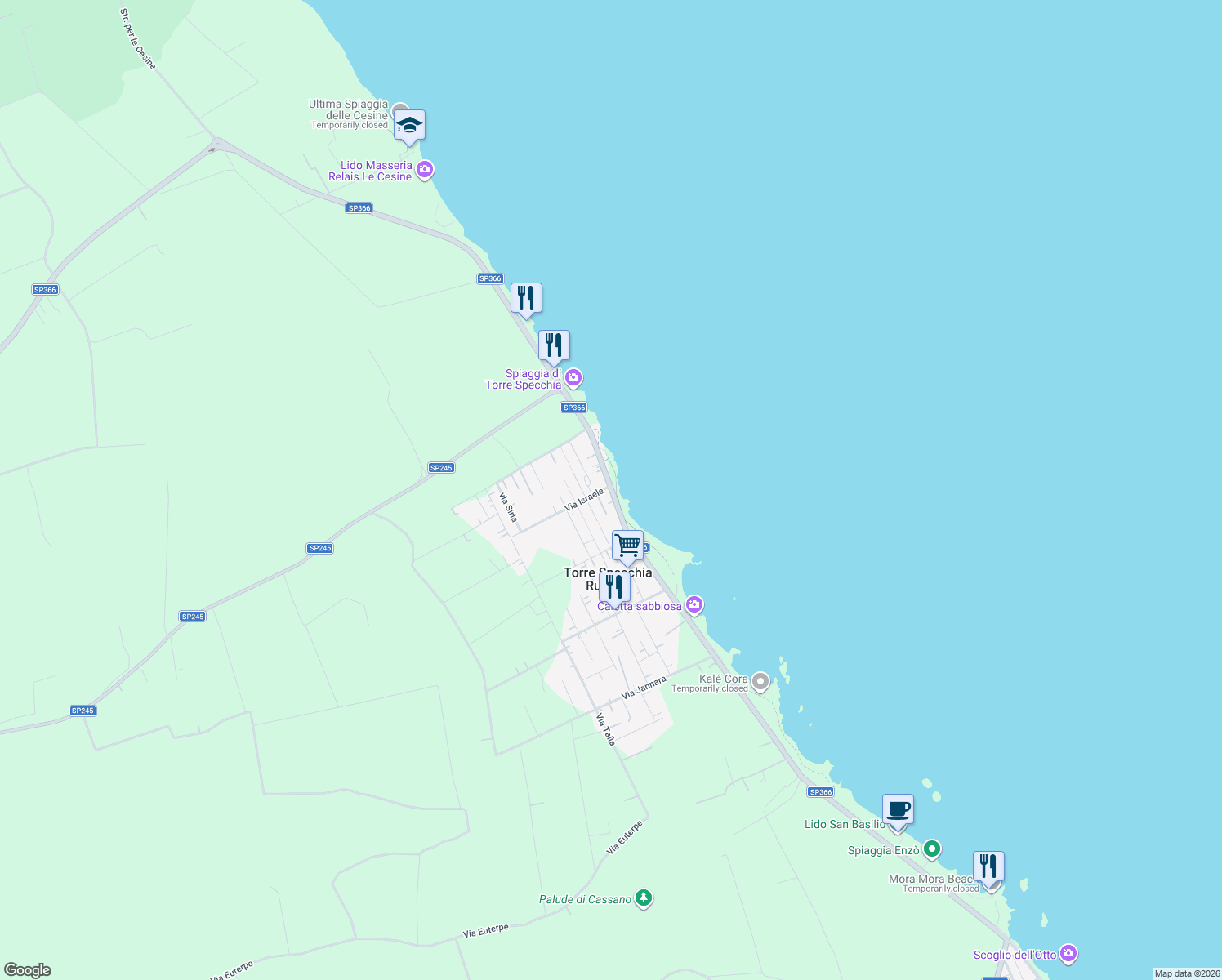 map of restaurants, bars, coffee shops, grocery stores, and more near 21 SP366 in Torre Specchia Ruggeri