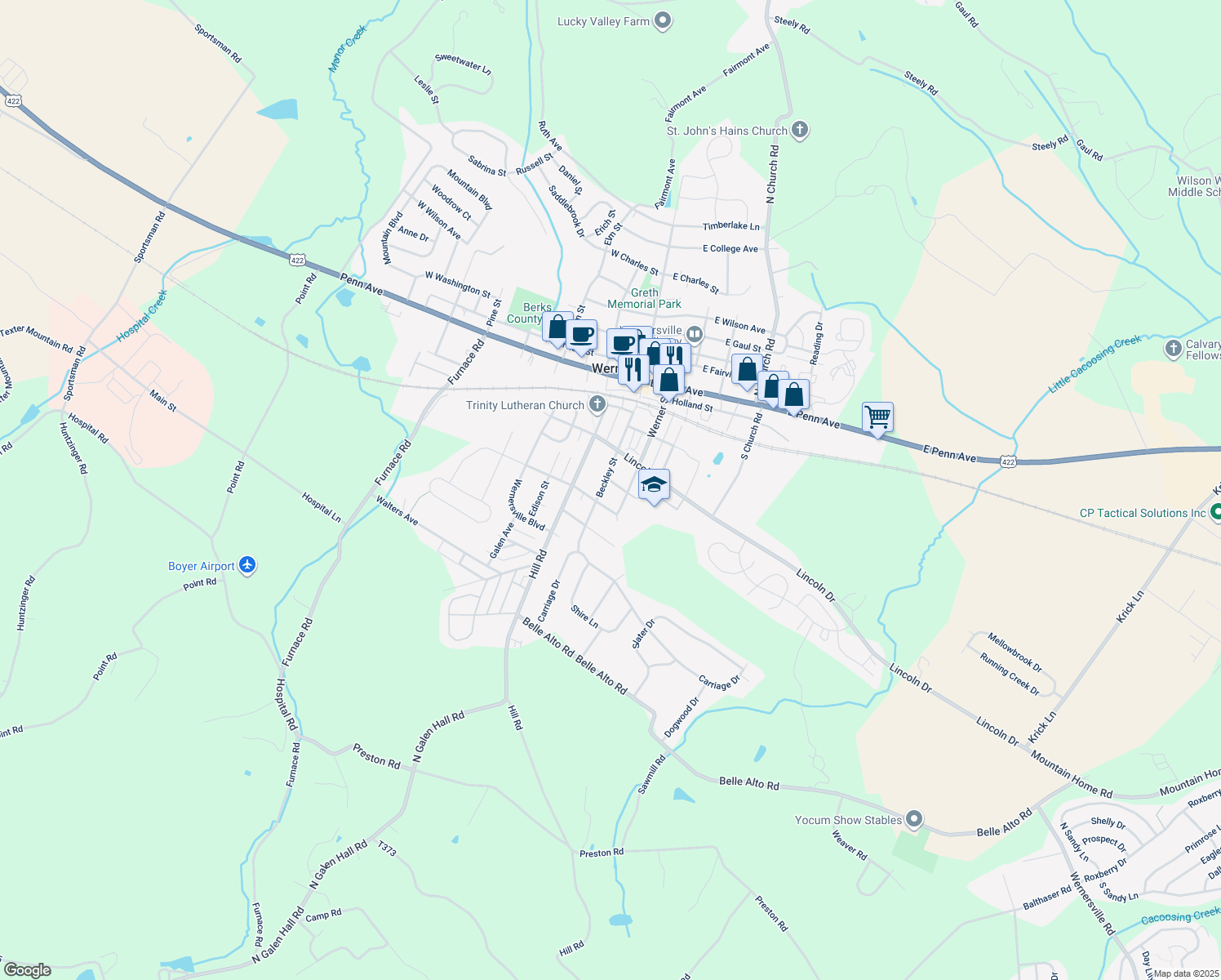 map of restaurants, bars, coffee shops, grocery stores, and more near 16 Hain Avenue in Wernersville